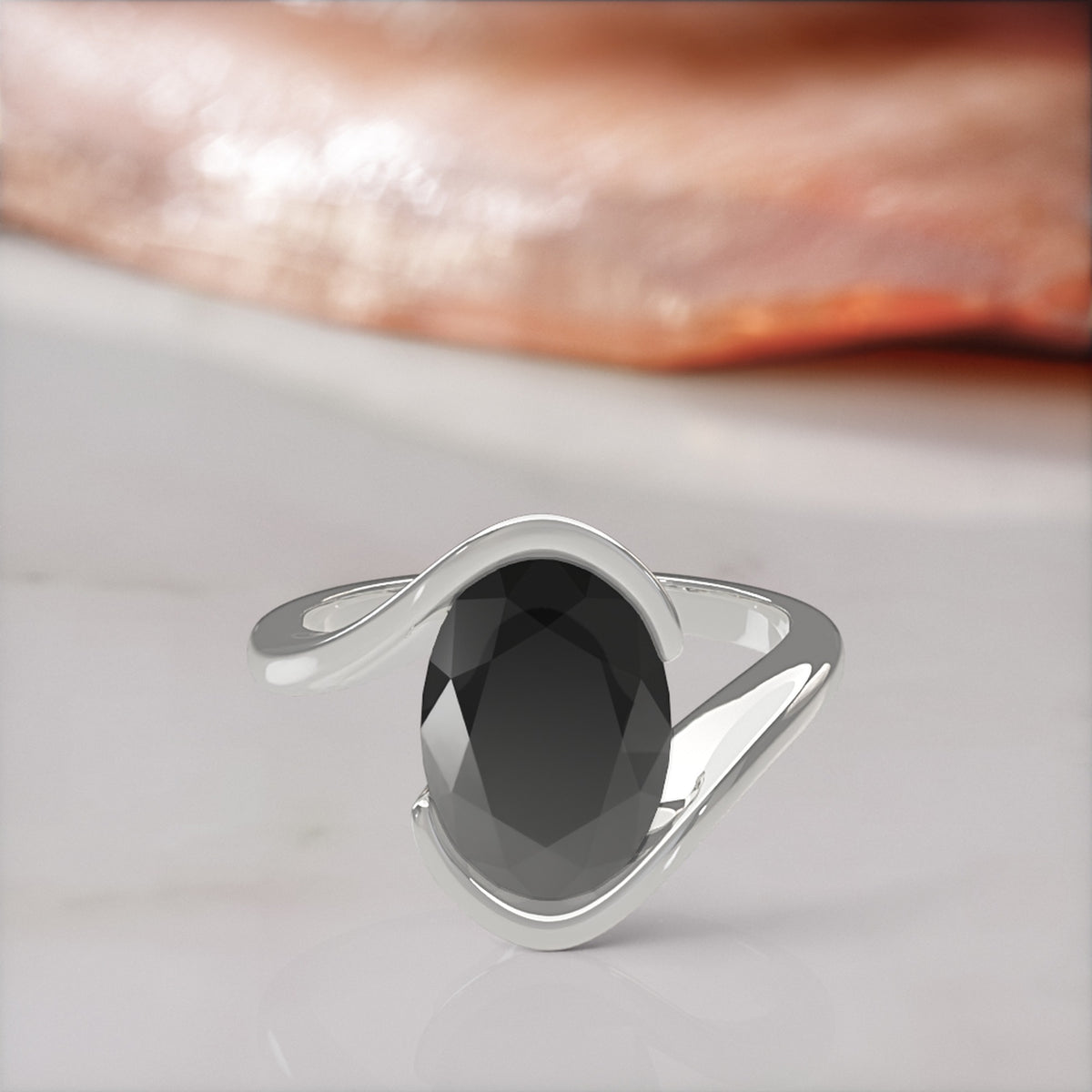 Selkie bypass oval natural black diamond engagement ring in white gold, front view