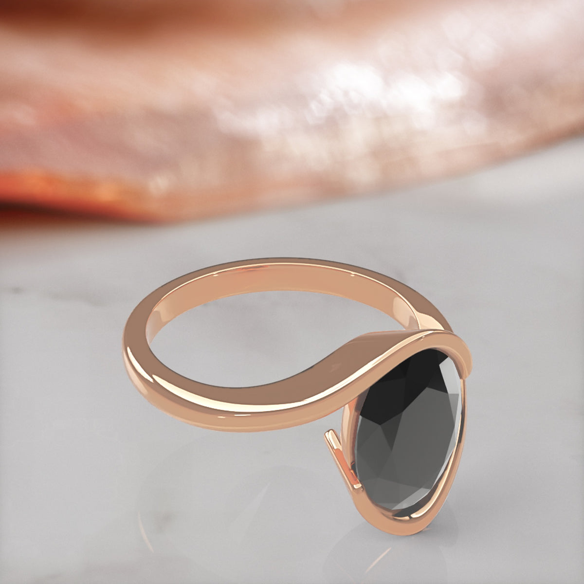 Selkie bypass oval natural black diamond engagement ring in rose gold, three-quarter view