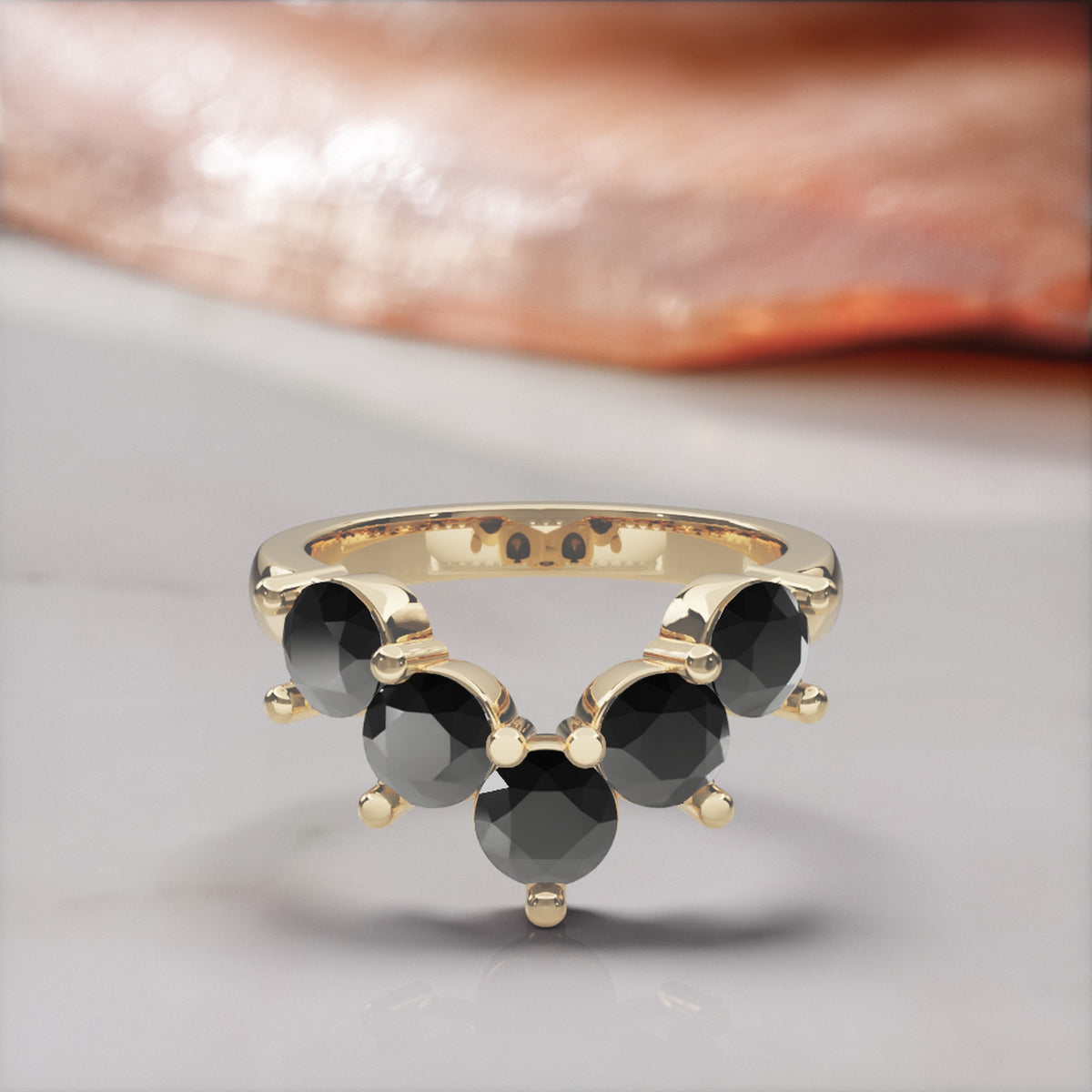 Hyades chevron natural black diamond contour wedding band in yellow gold, front view