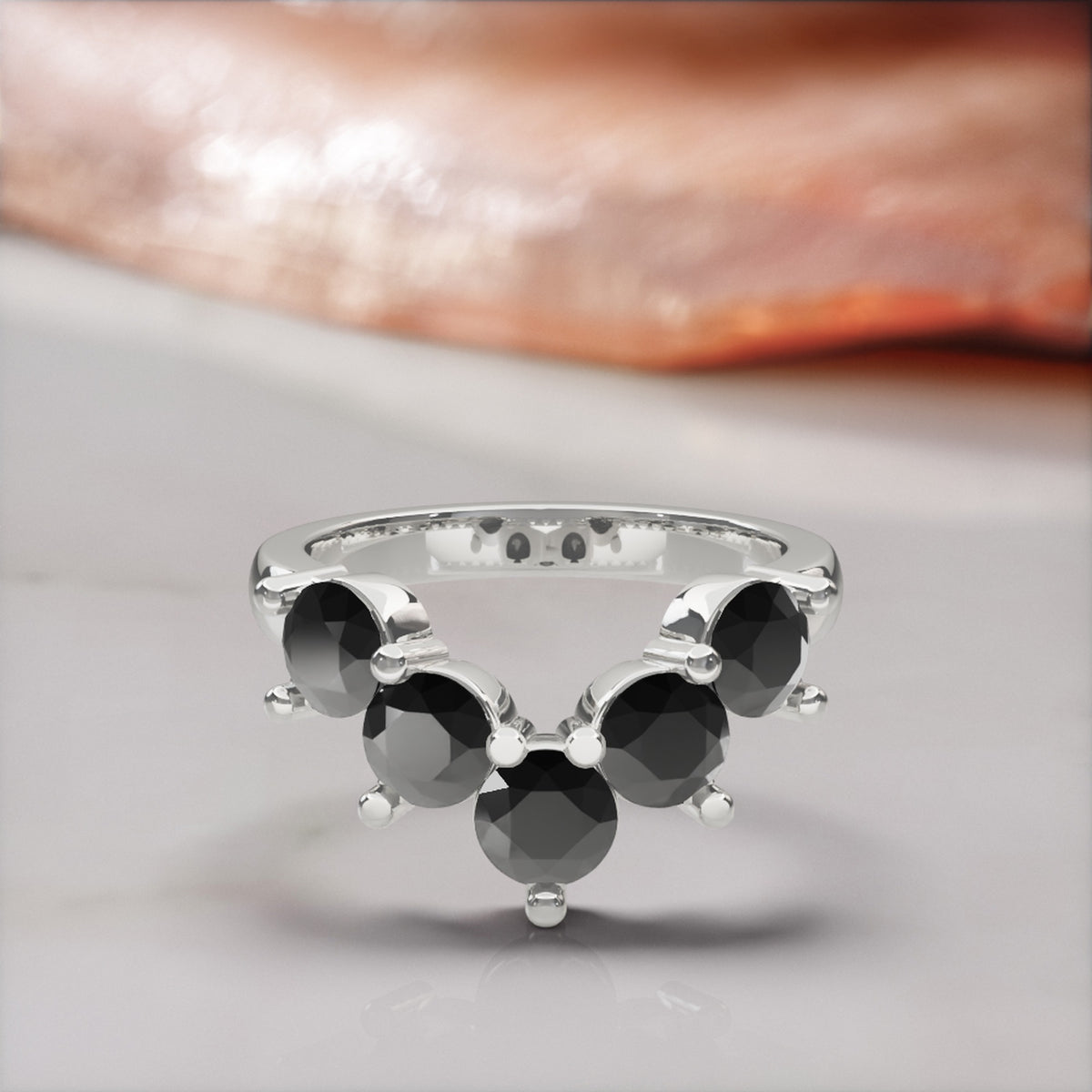 Hyades chevron natural black diamond contour wedding band in white gold, front view