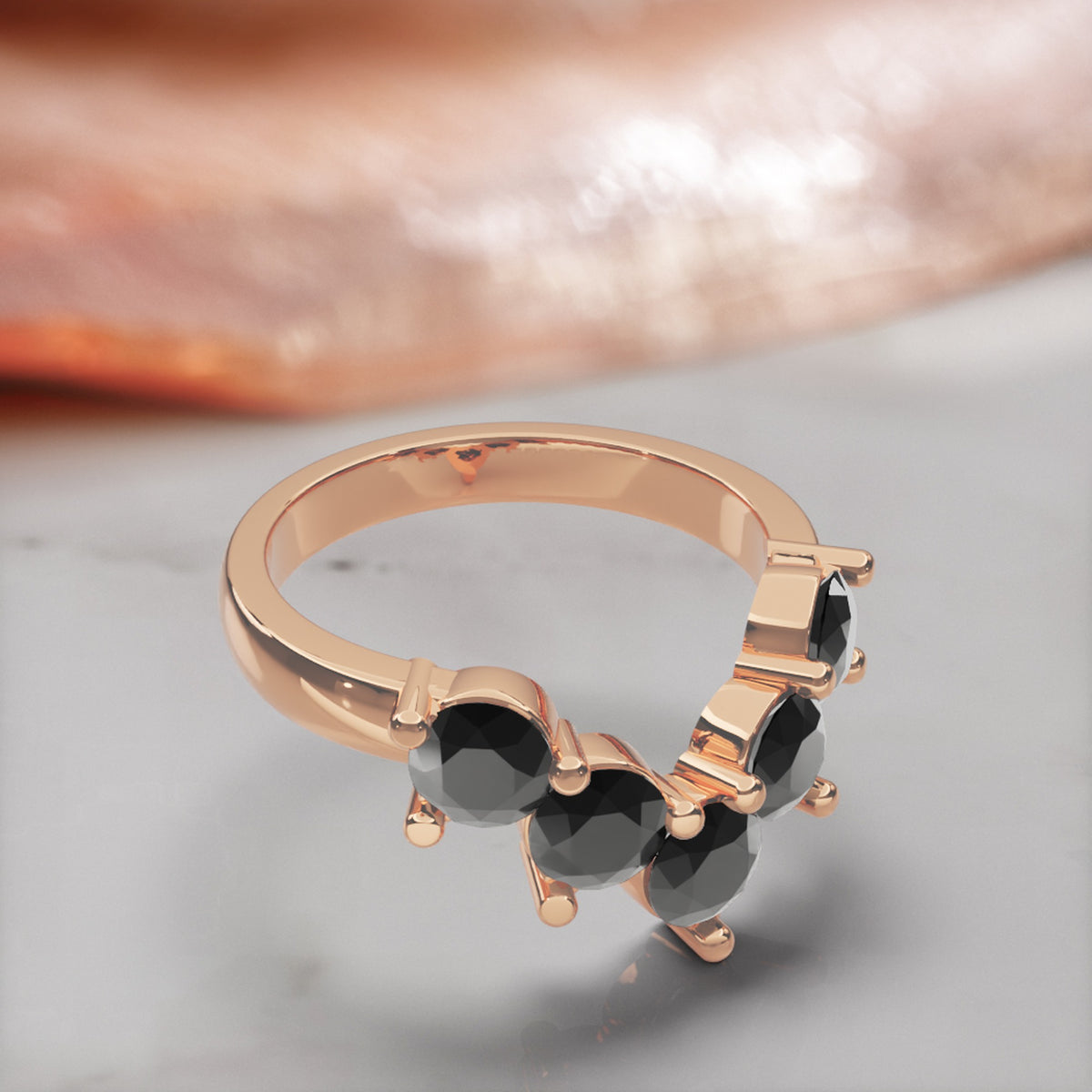 Hyades chevron natural black diamond contour wedding band in rose gold, three-quarter view