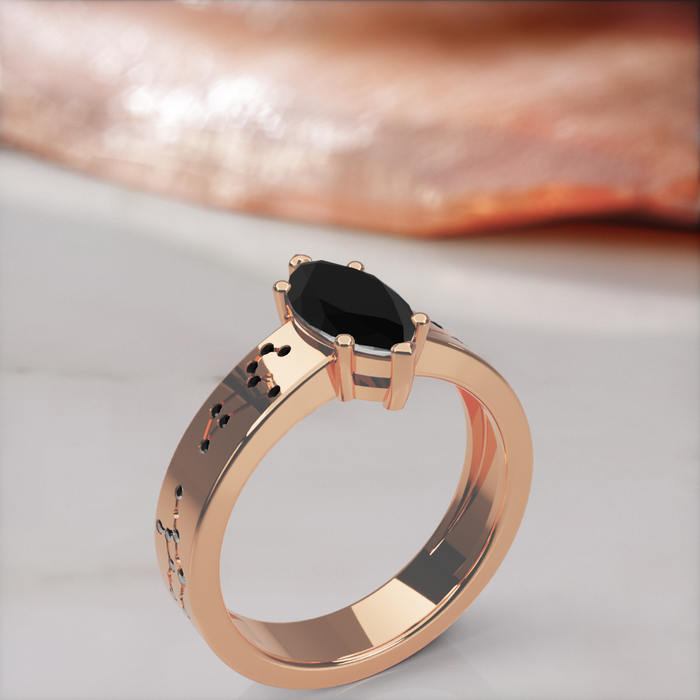 Constellation engagement ring in rose gold with a natural black marquise diamond and black constellation diamonds, standing three-quarter view