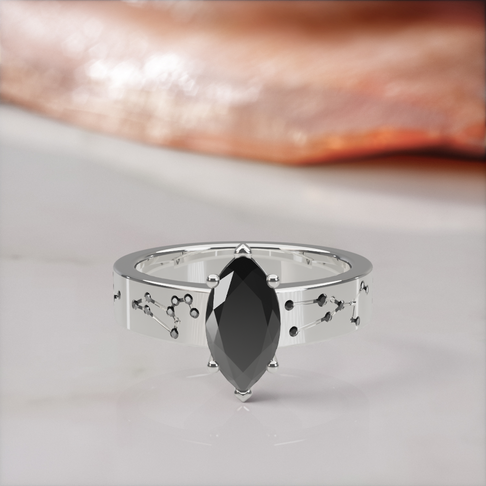 Constellation engagement ring in white gold with a natural black marquise diamond and black constellation diamonds, front view lying flat