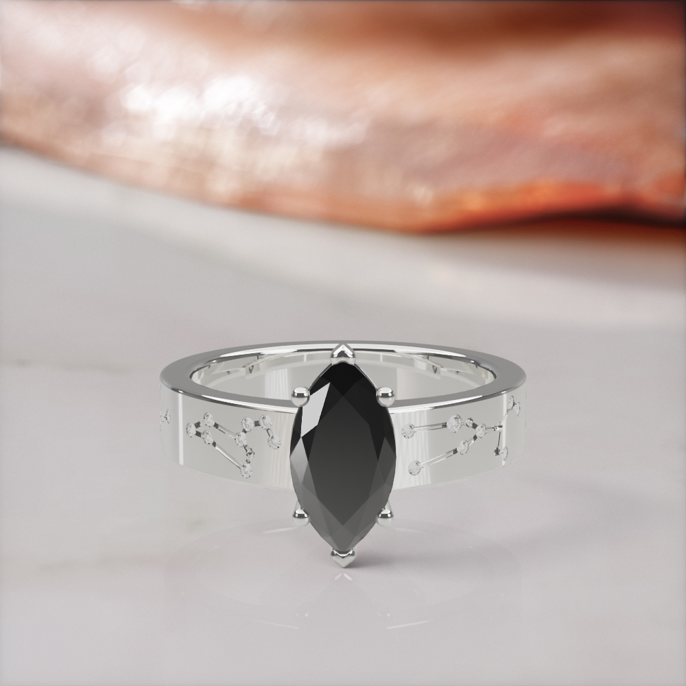 Constellation engagement ring in white gold with a natural black marquise diamond and white constellation diamonds, front view lying flat