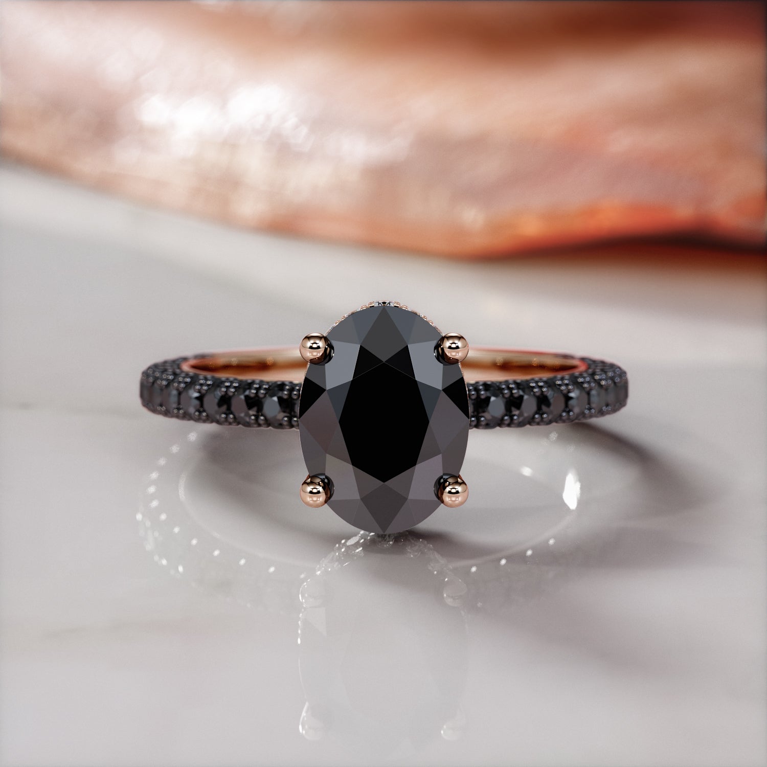 Oval  Black Diamond Engagement Ring- Black Diamond Natural Black Diamond Oval Engagement Ring in Rose Gold
