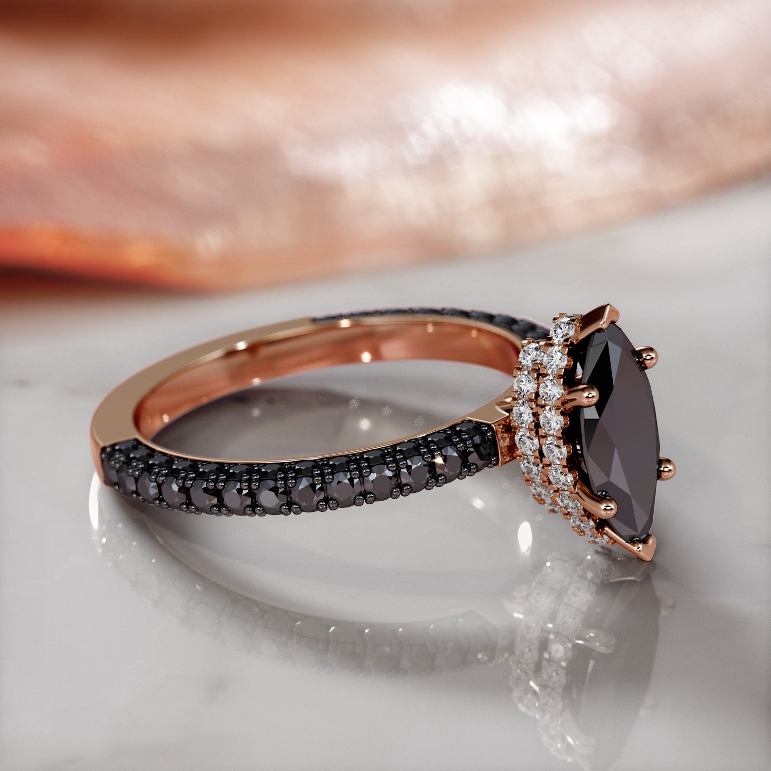 Black Diamond  Natural Black Diamond Marquise Engagement Ring in Rose Gold