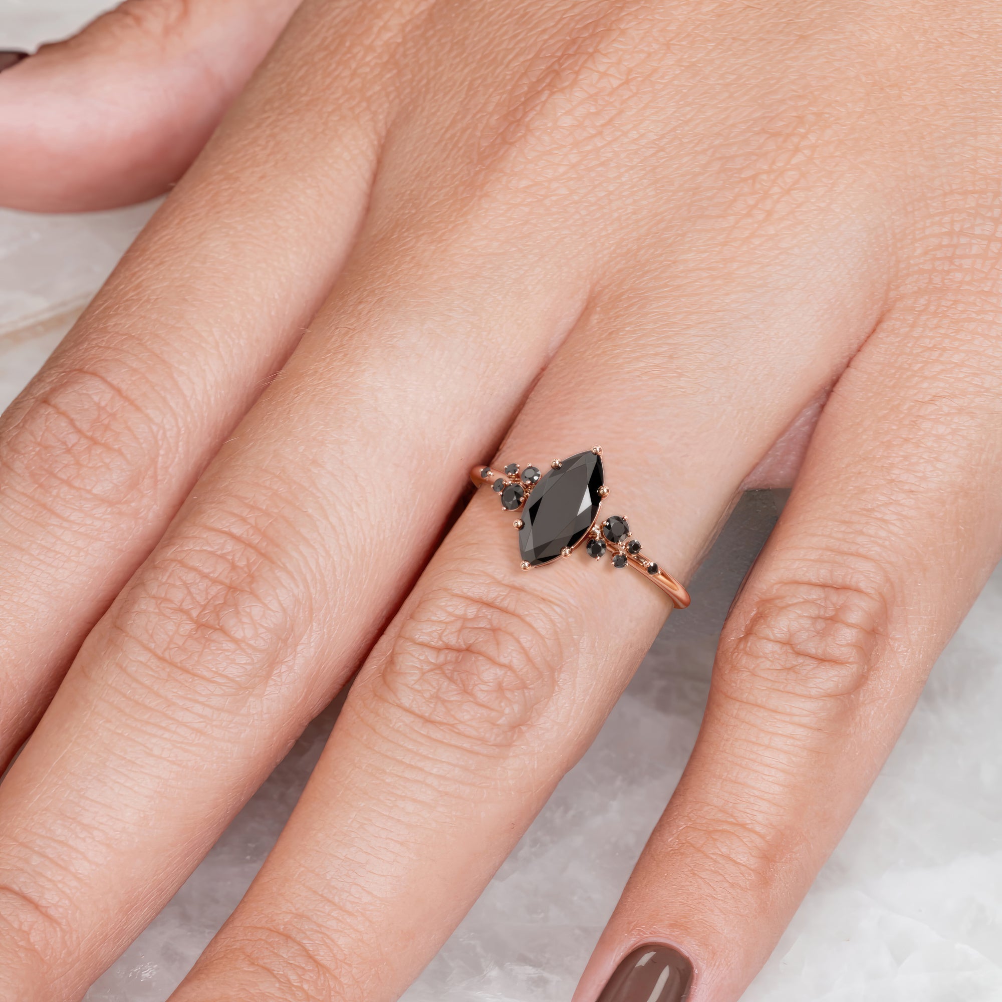 Cluster  Natural Black Diamond Marquise Engagement Ring  in Rose Gold