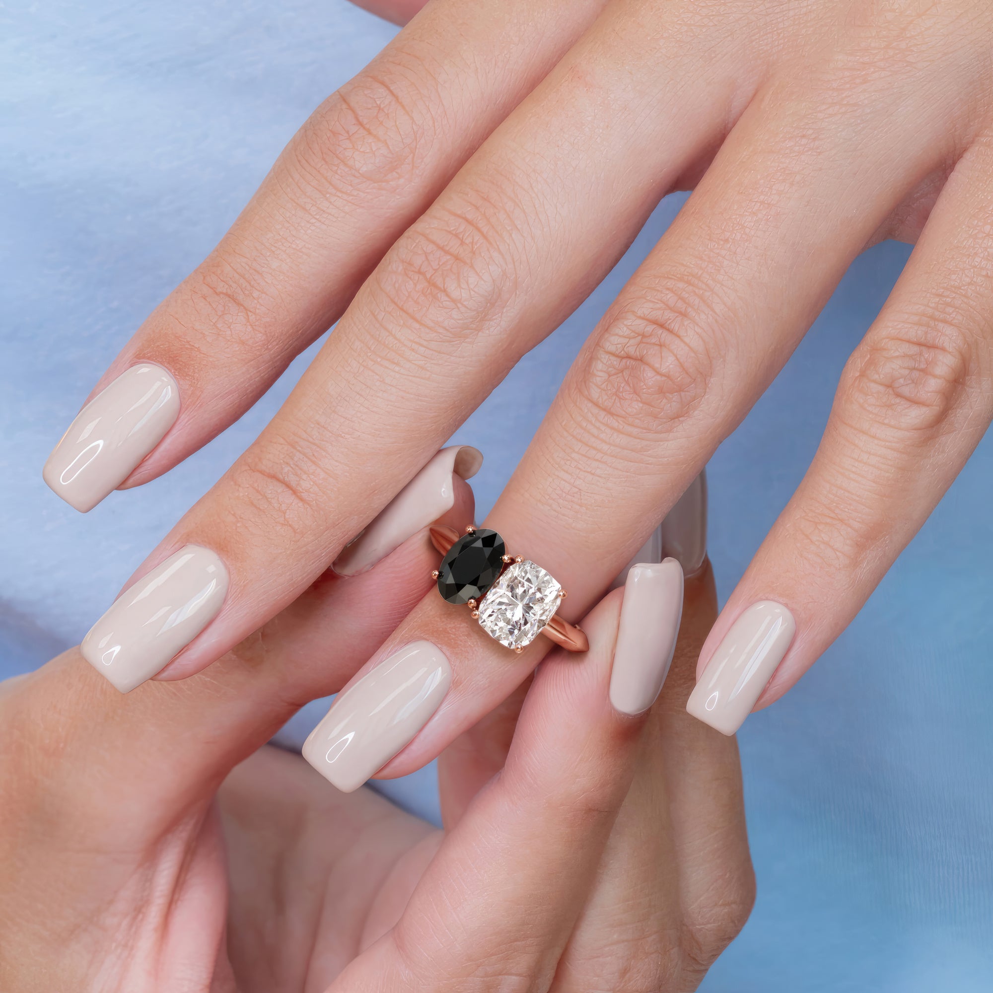 Two Stone  Natural Black Diamond Oval Engagement Ring  in Rose Gold