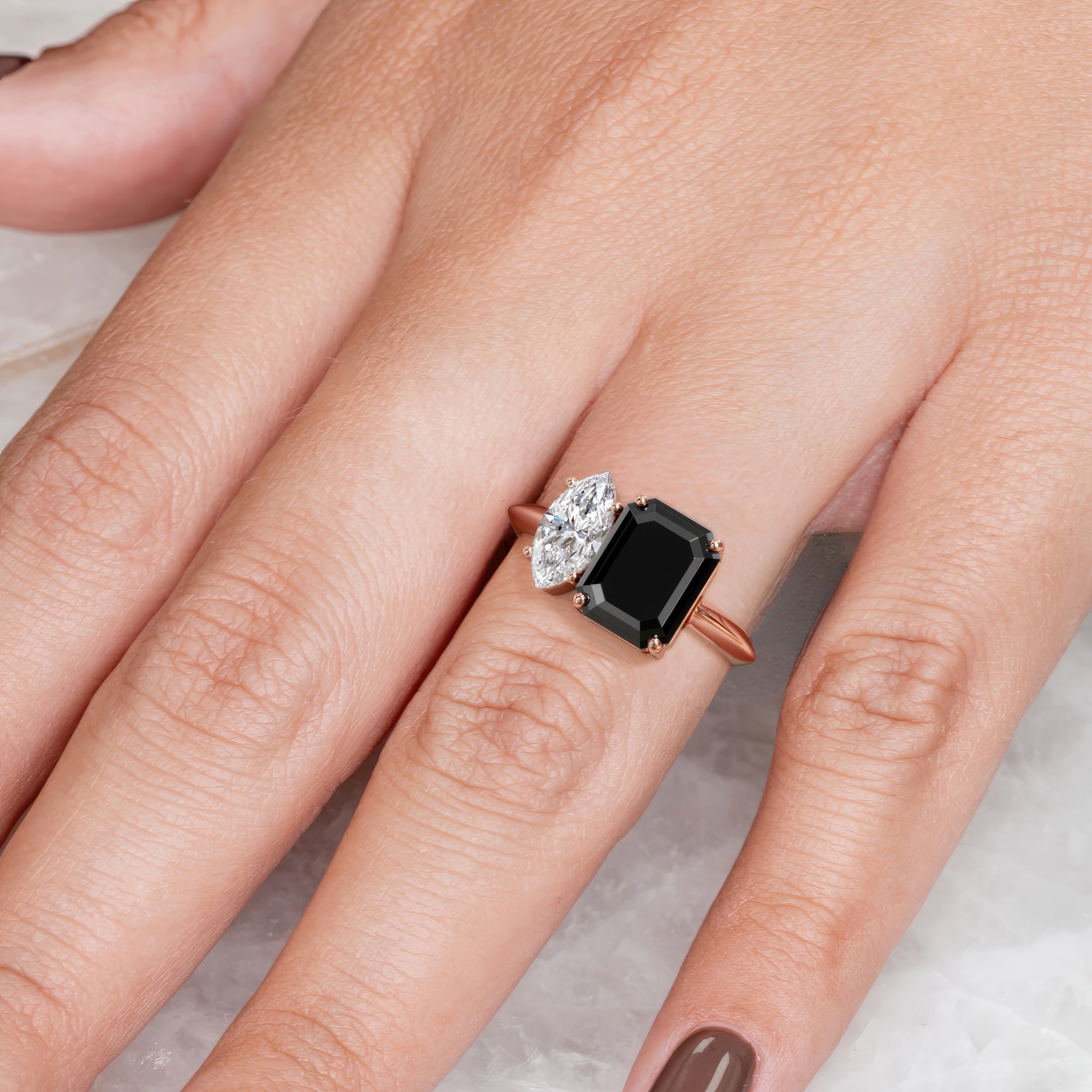 Mercury'S Moons - Two Stone  Natural Black Diamond Emerald Engagement Ring