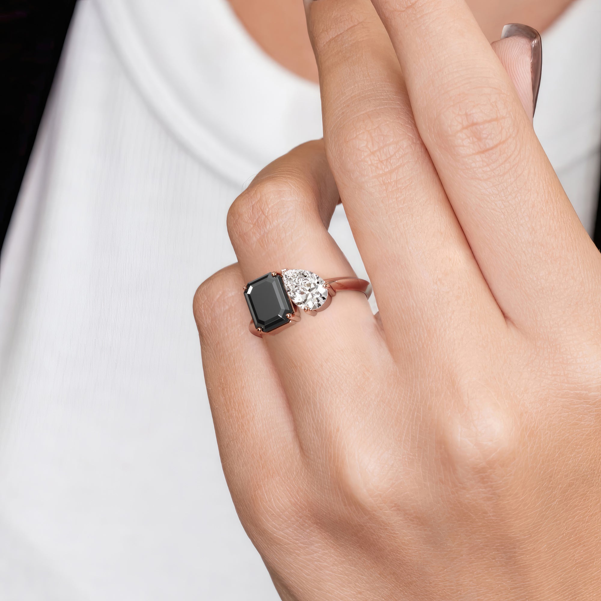 Two Stone  Natural Black Diamond Emerald Cut Engagement Ring  in Rose Gold