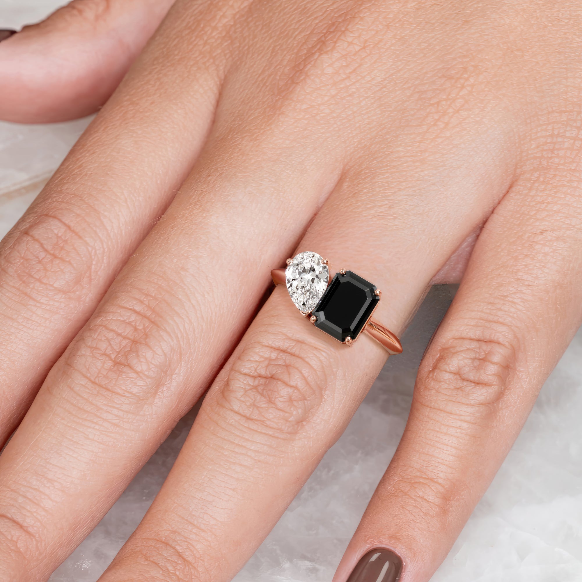 Two Stone  Natural Black Diamond Emerald Cut Engagement Ring  in Rose Gold