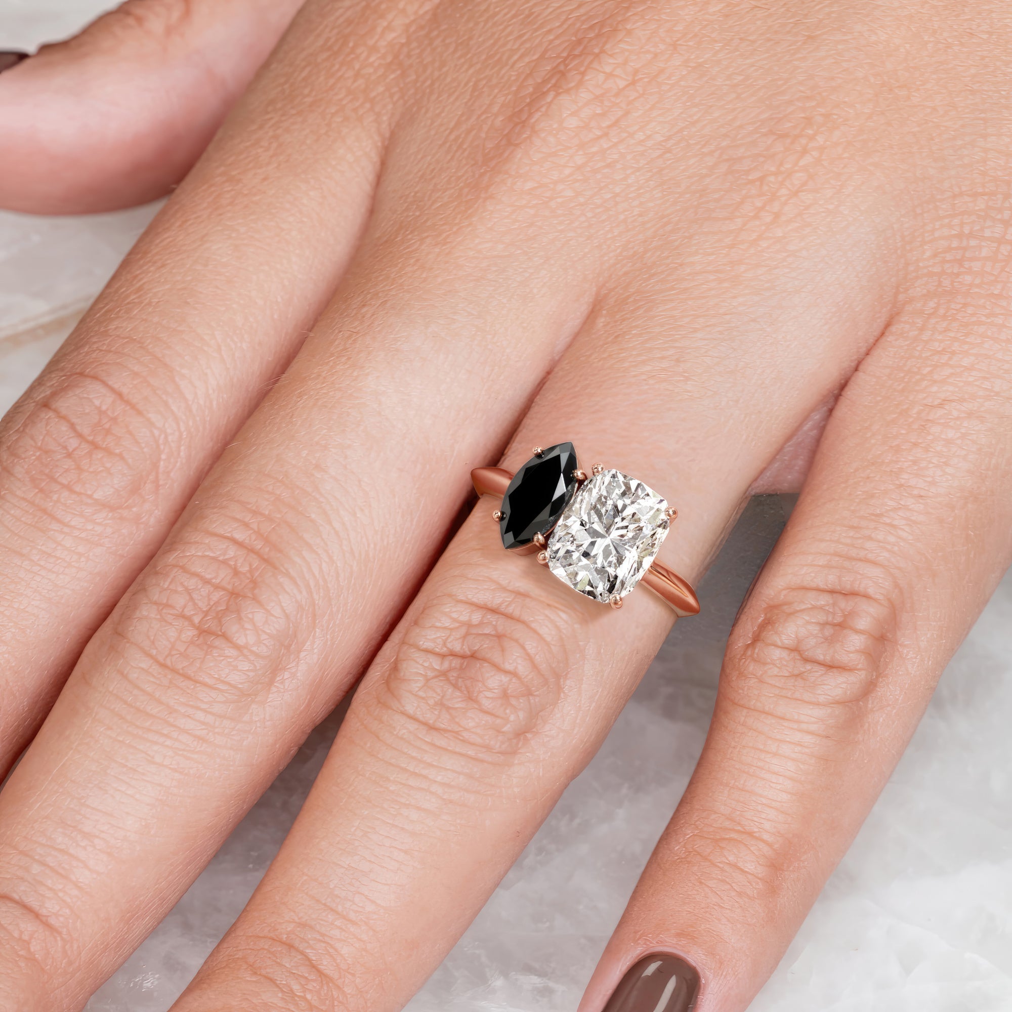 Two Stone  Natural Black Diamond Marquise Engagement Ring  in Rose Gold