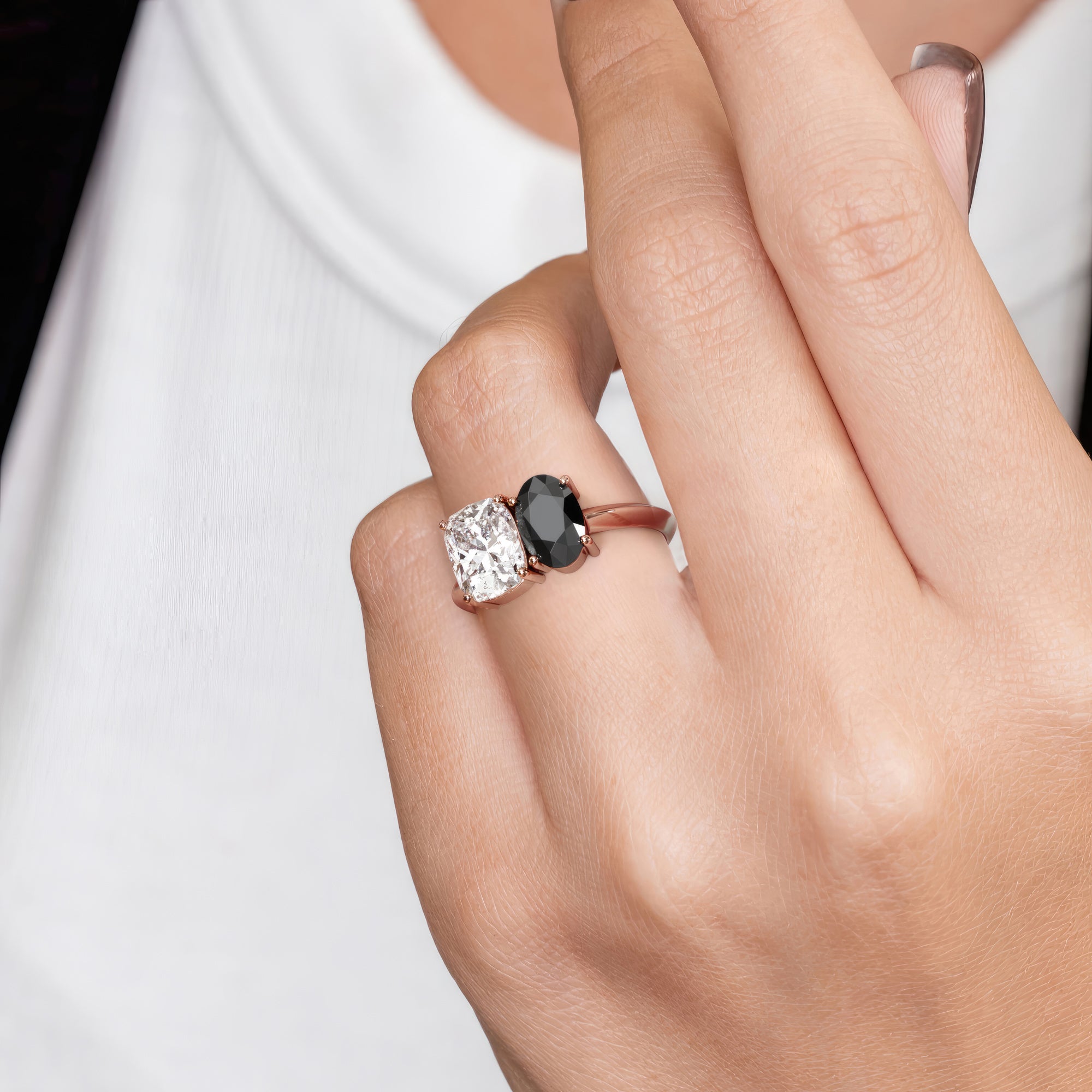Two Stone  Natural Black Diamond Oval Engagement Ring  in Rose Gold