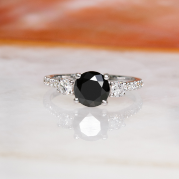 Unique  Natural Black Diamond Round Engagement Ring