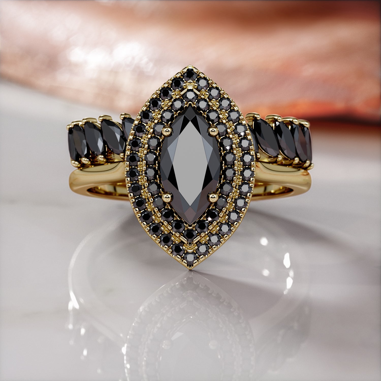 Double Halo  Natural Black Diamond Marquis Engagement Ring  in Yellow Gold