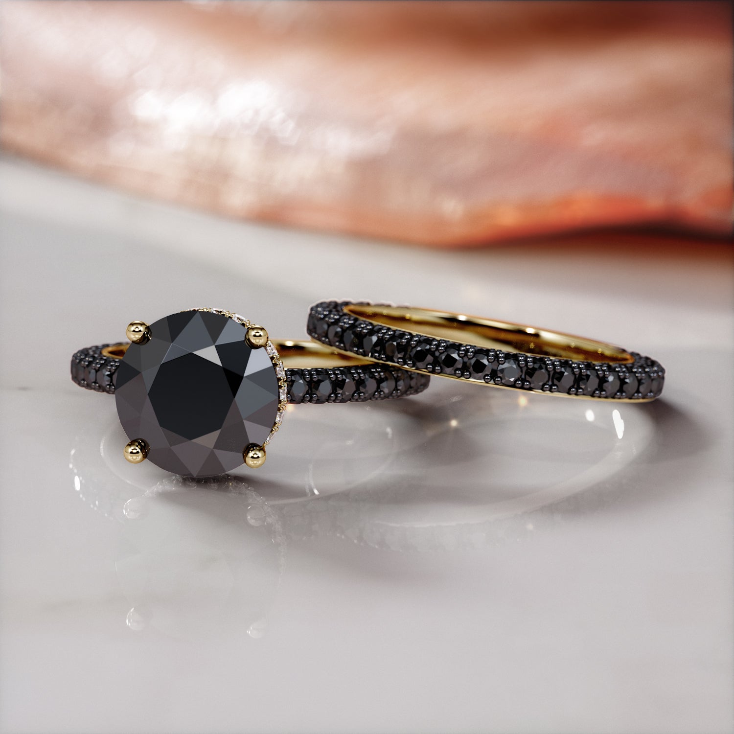Black Diamond Round Double Hidden Halo Set of Wedding Band and Engagement Ring in Yellow Gold