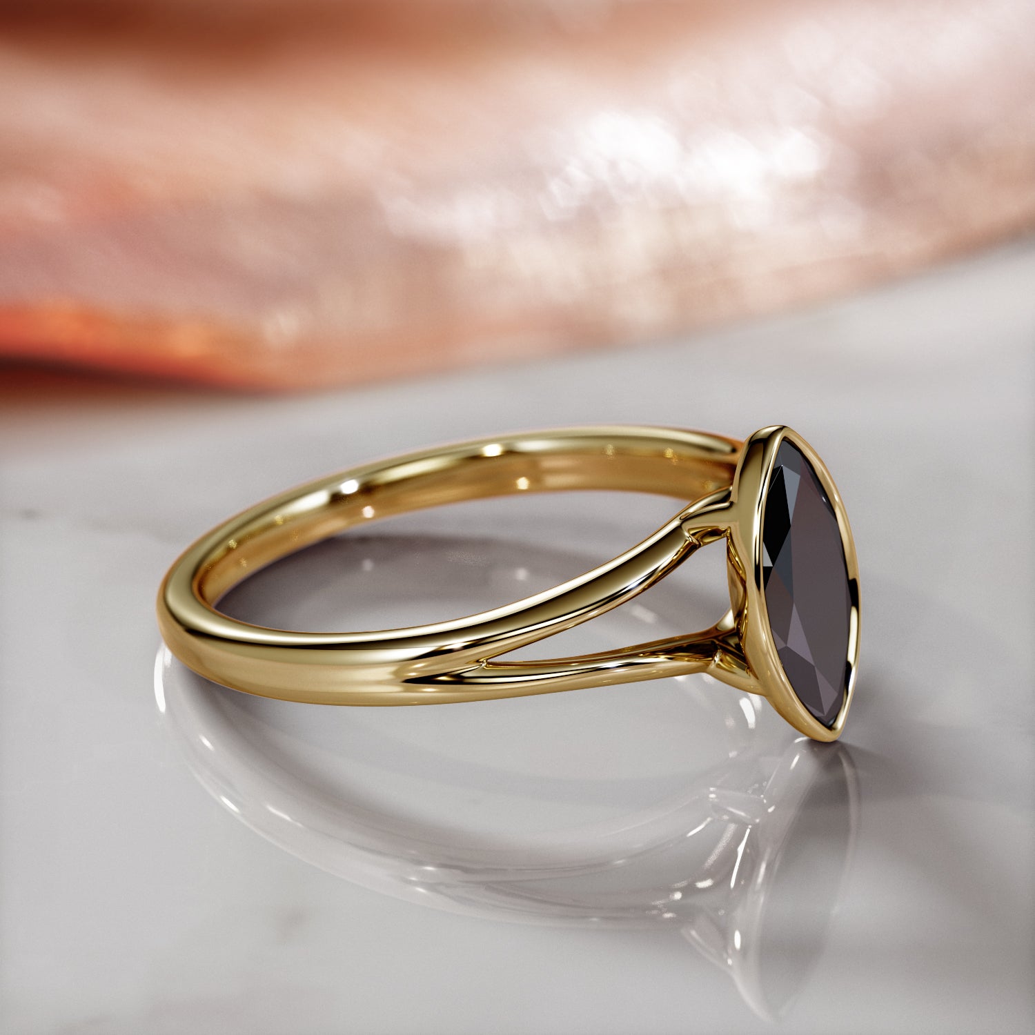 Bezel  Natural Black Diamond Marquis Engagement Ring  in 14K Gold