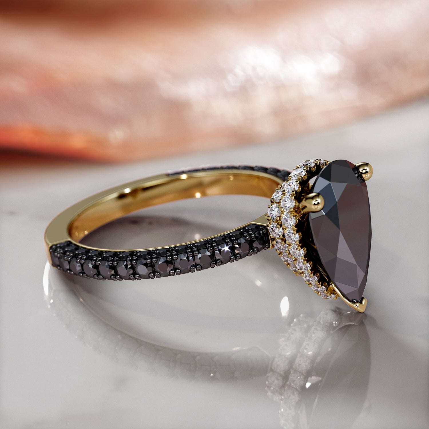 Natural Black Diamond Pear Engagement Ring in 14K Gold