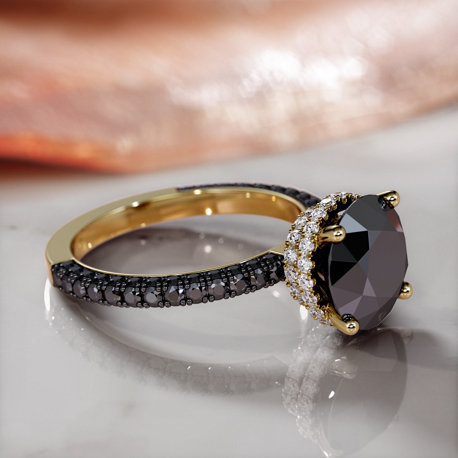 Black Diamond Round Double Hidden Halo Set of Wedding Band and Engagement Ring in Yellow Gold