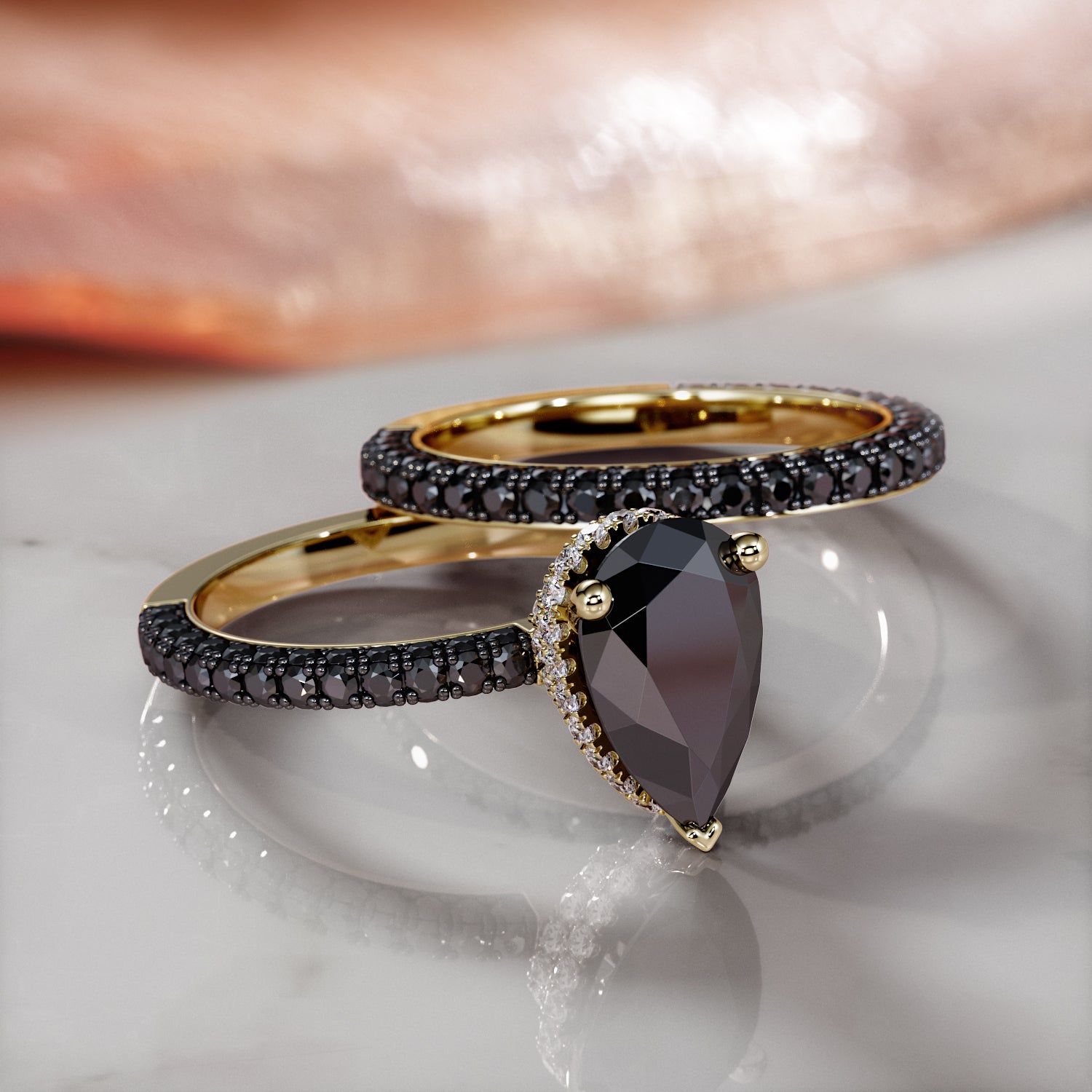 Natural Black Diamond Pear Engagement Ring in 14K Gold