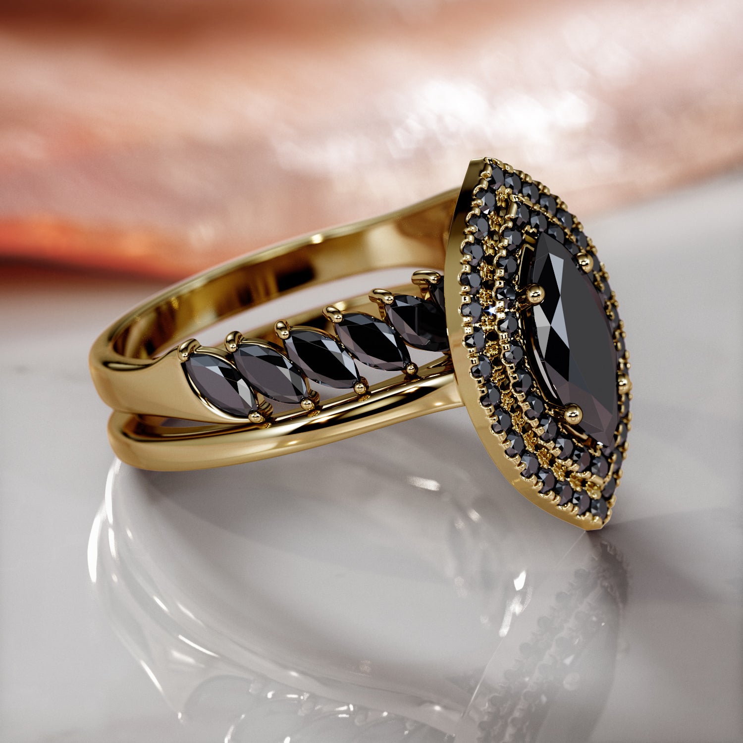 Double Halo  Natural Black Diamond Marquis Engagement Ring  in Yellow Gold