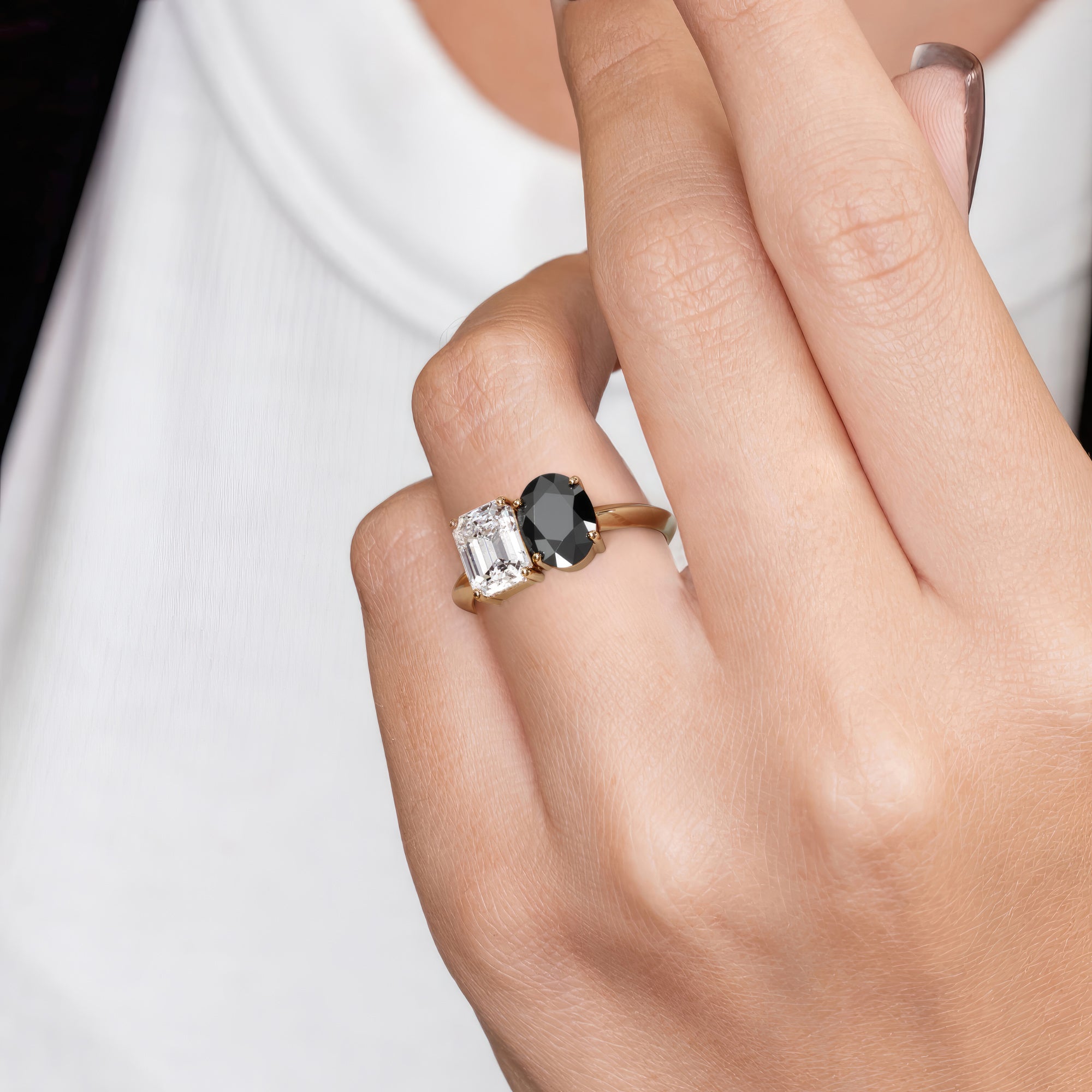 Two Stone Natural Black Diamond Oval Engagement Ring in Yellow Gold
