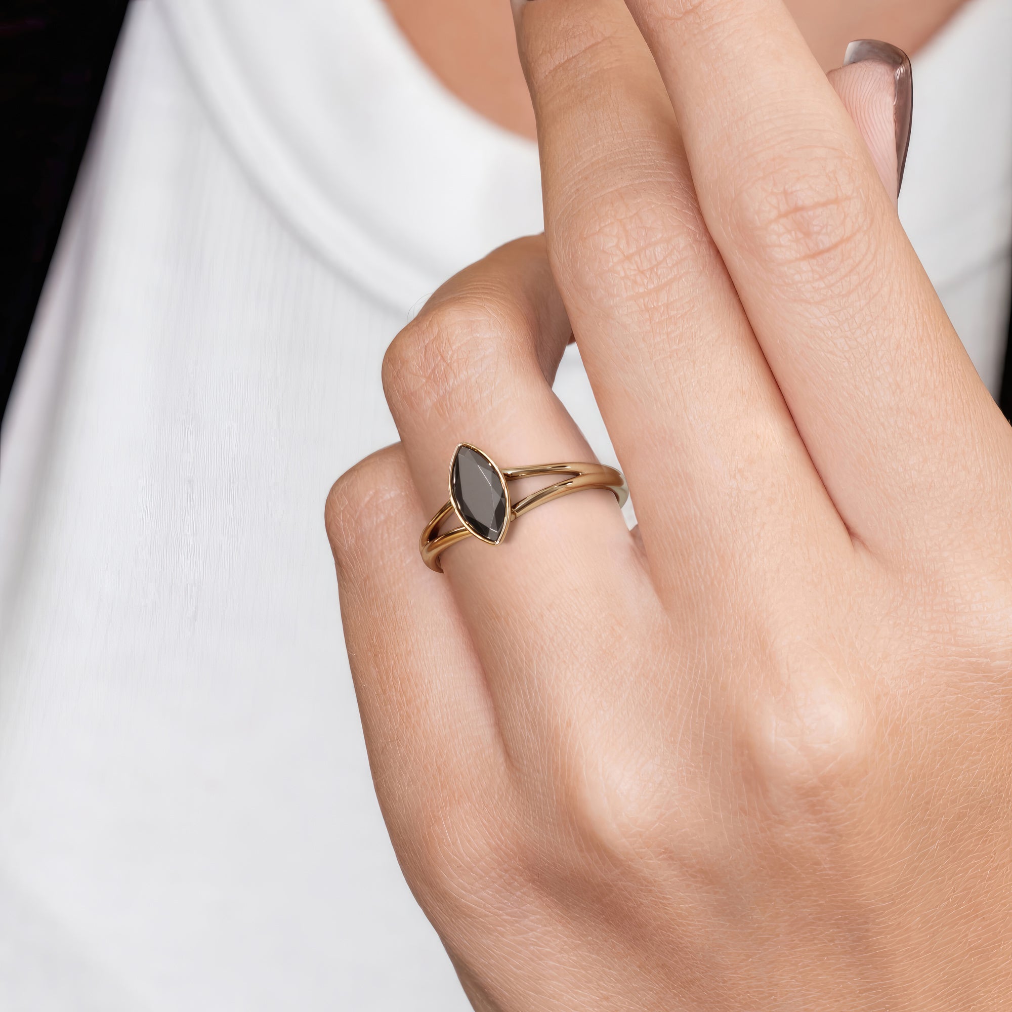 Bezel  Natural Black Diamond Marquis Engagement Ring  in 14K Gold