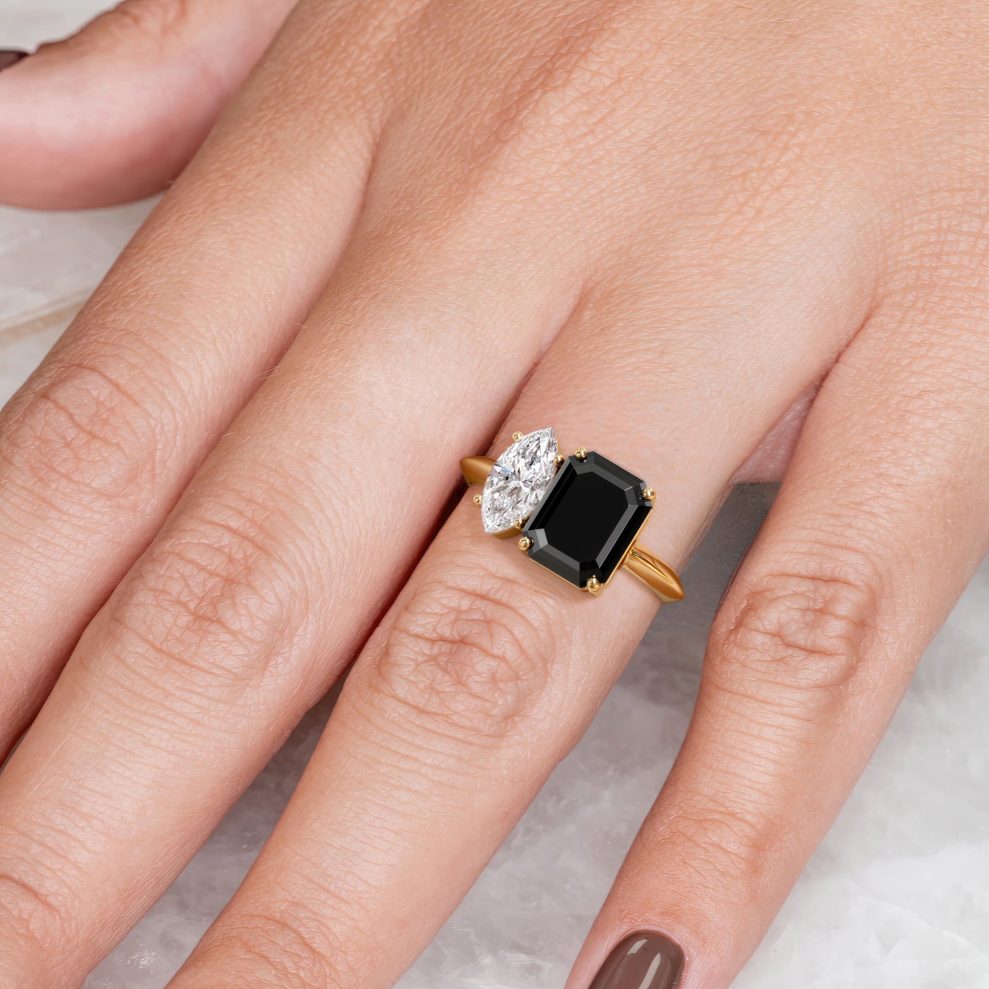 Two Stone  Natural Black Diamond Emerald Engagement Ring  in Yellow Gold