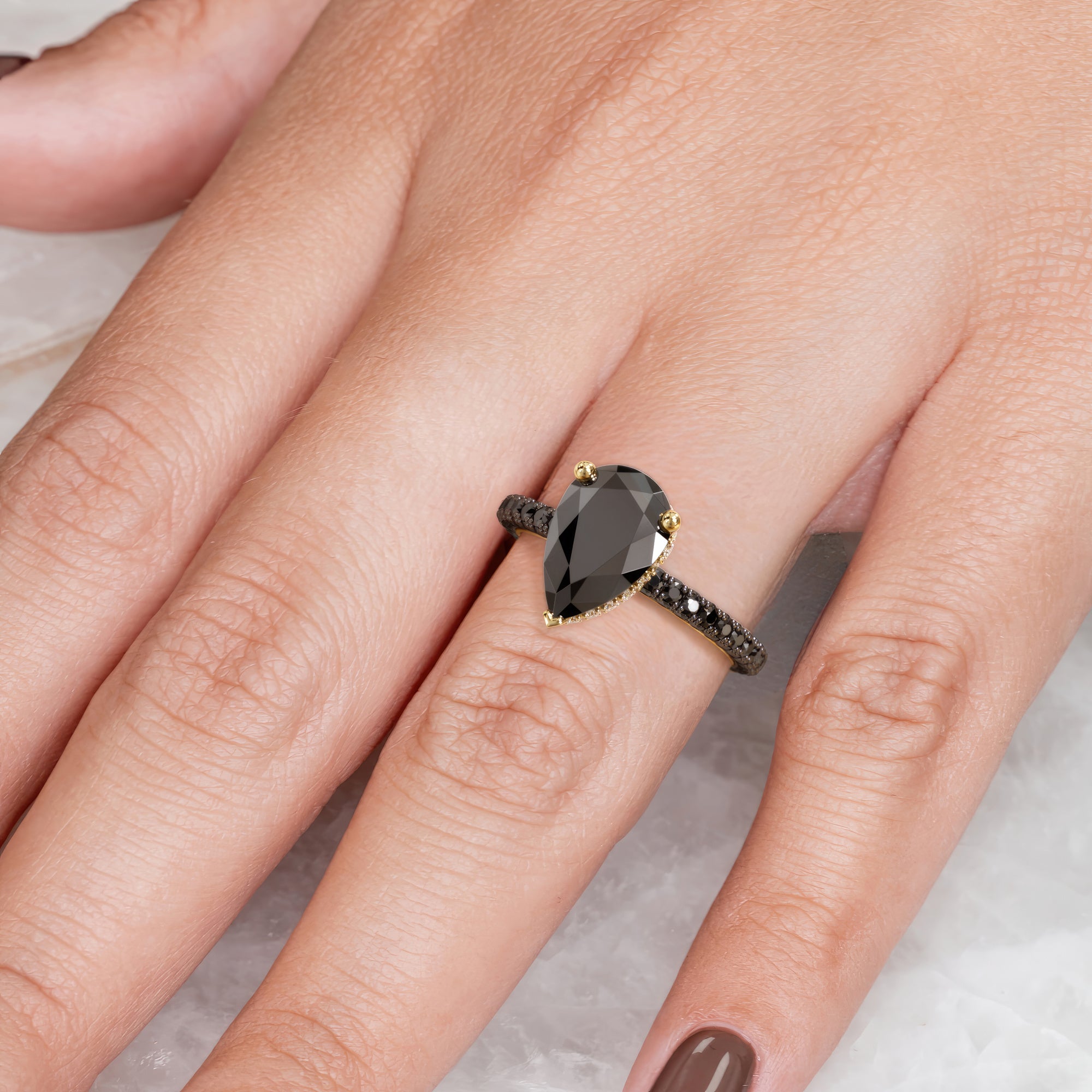 Natural Black Diamond Pear Engagement Ring in 14K Gold