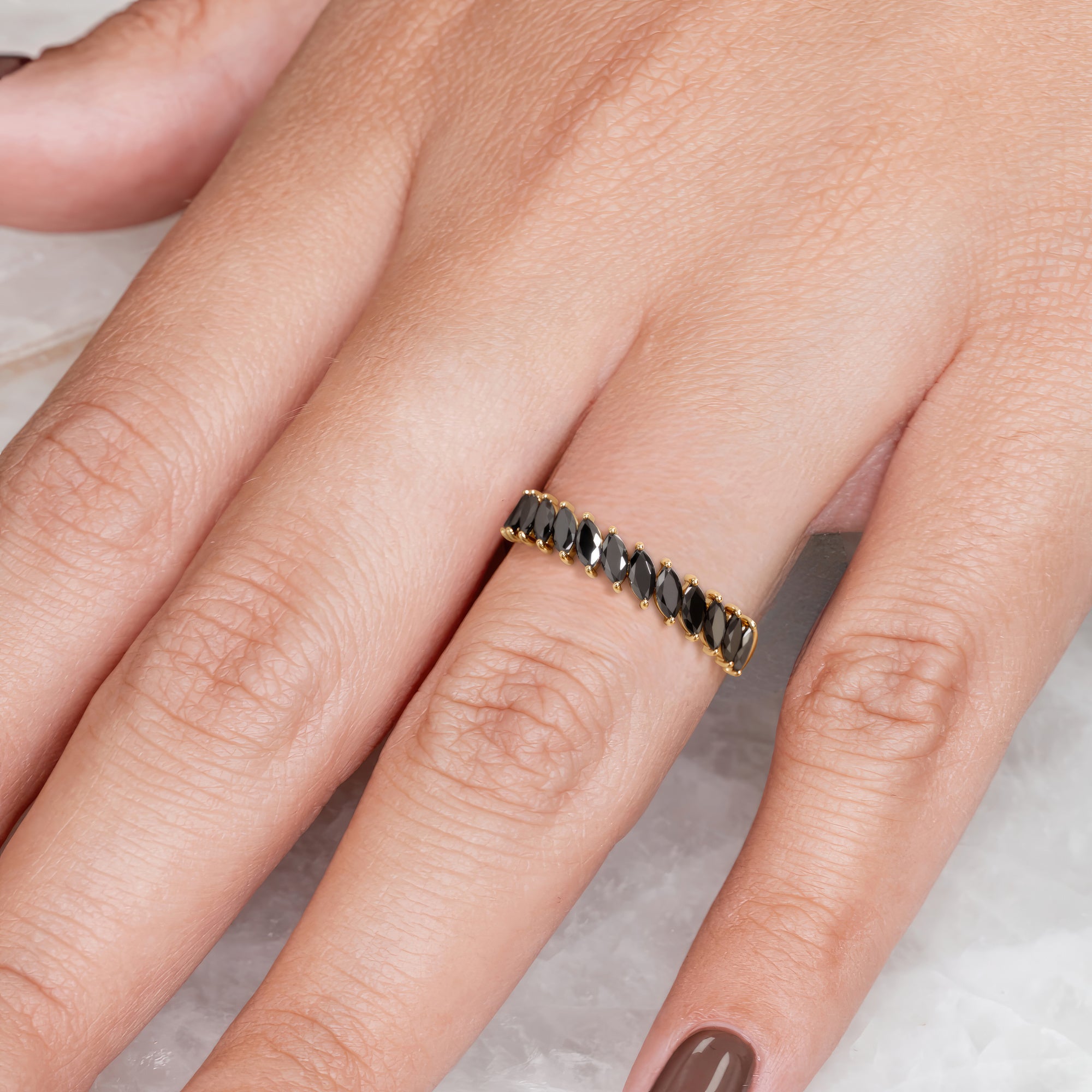Selvina - Oriented Natural Black Diamond Wedding Band in Yellow Gold