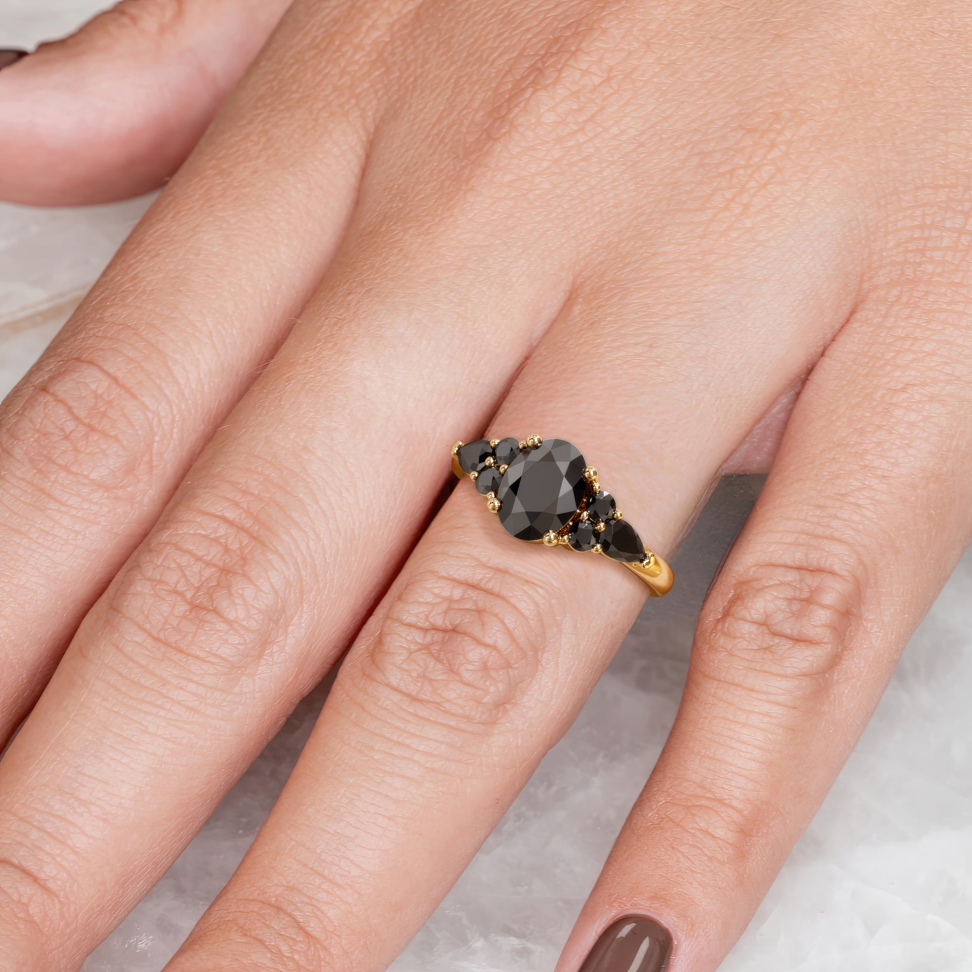Art Deco  Natural Black Diamond Oval Engagement Ring  in Yellow Gold