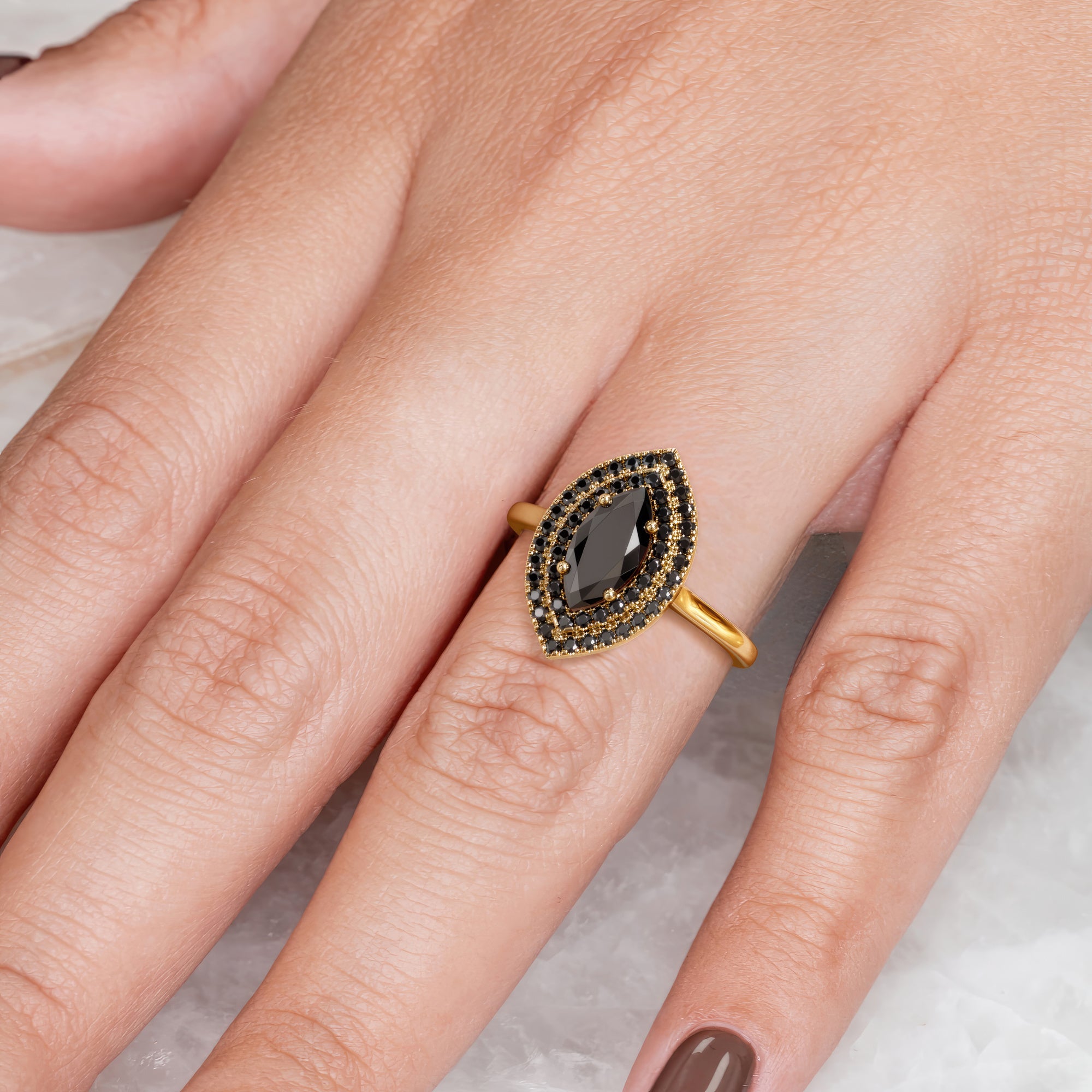 Double Halo  Natural Black Diamond Marquis Engagement Ring  in Yellow Gold