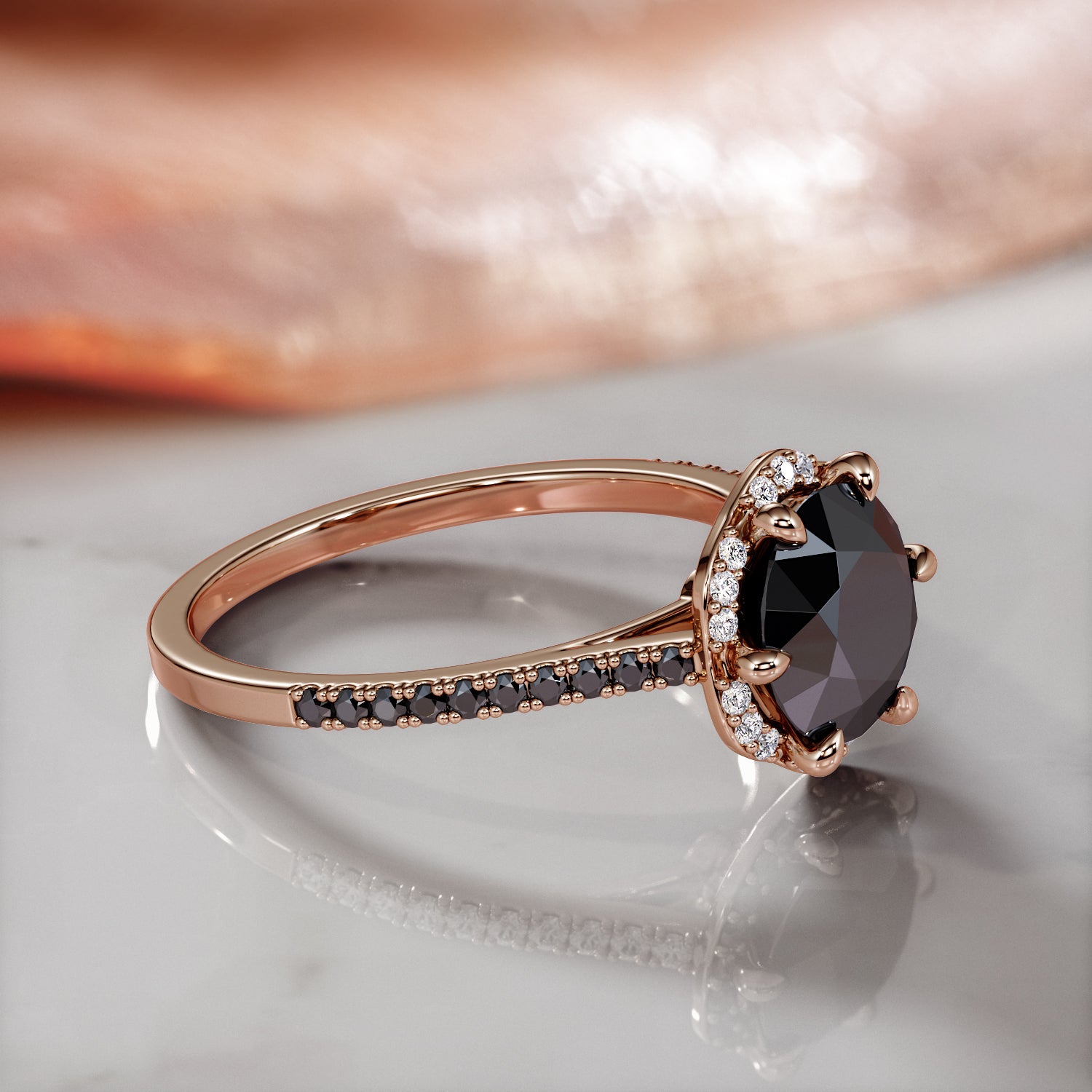 Vintage  Natural Black Diamond Round Engagement Ring