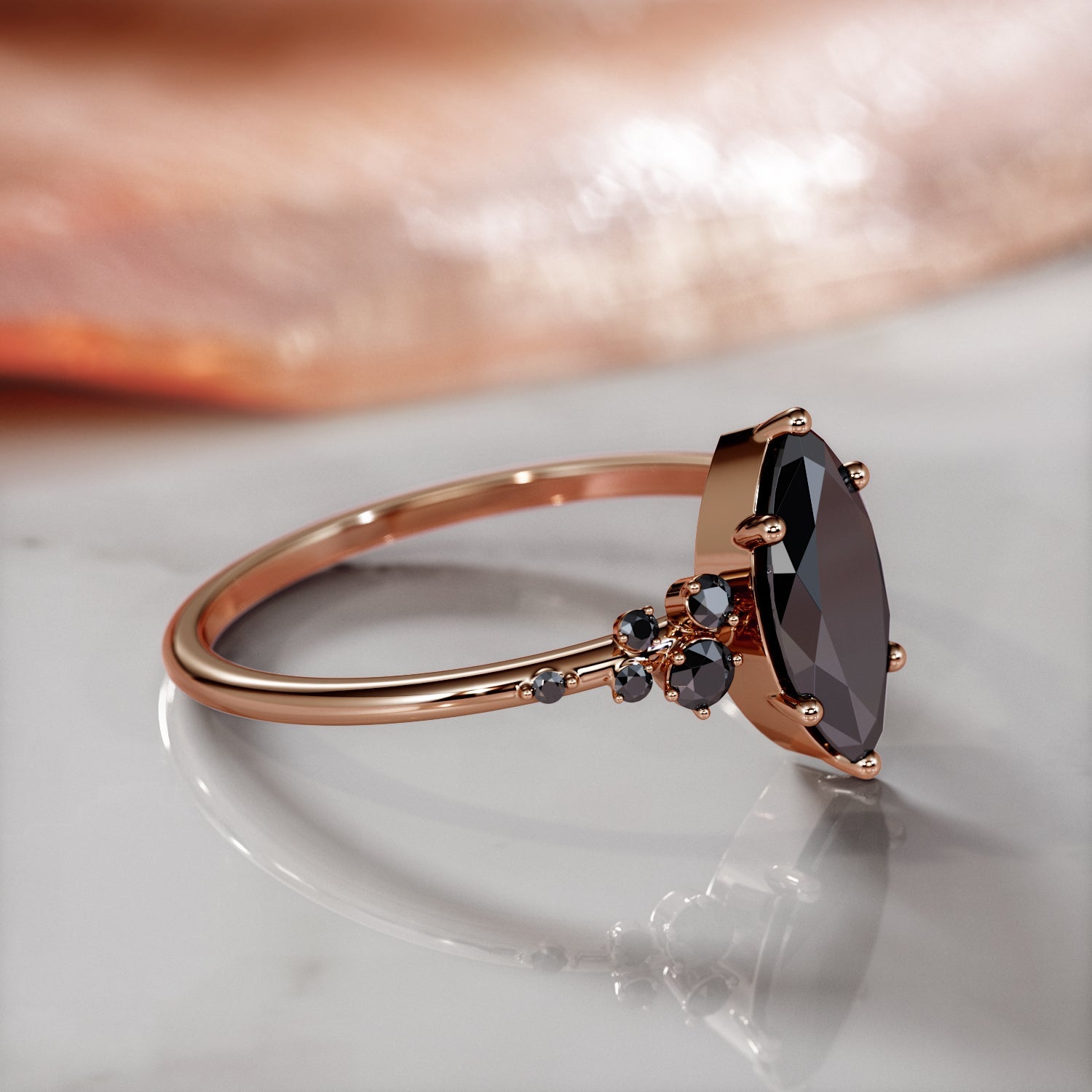 Cluster  Natural Black Diamond Marquise Engagement Ring  in Rose Gold