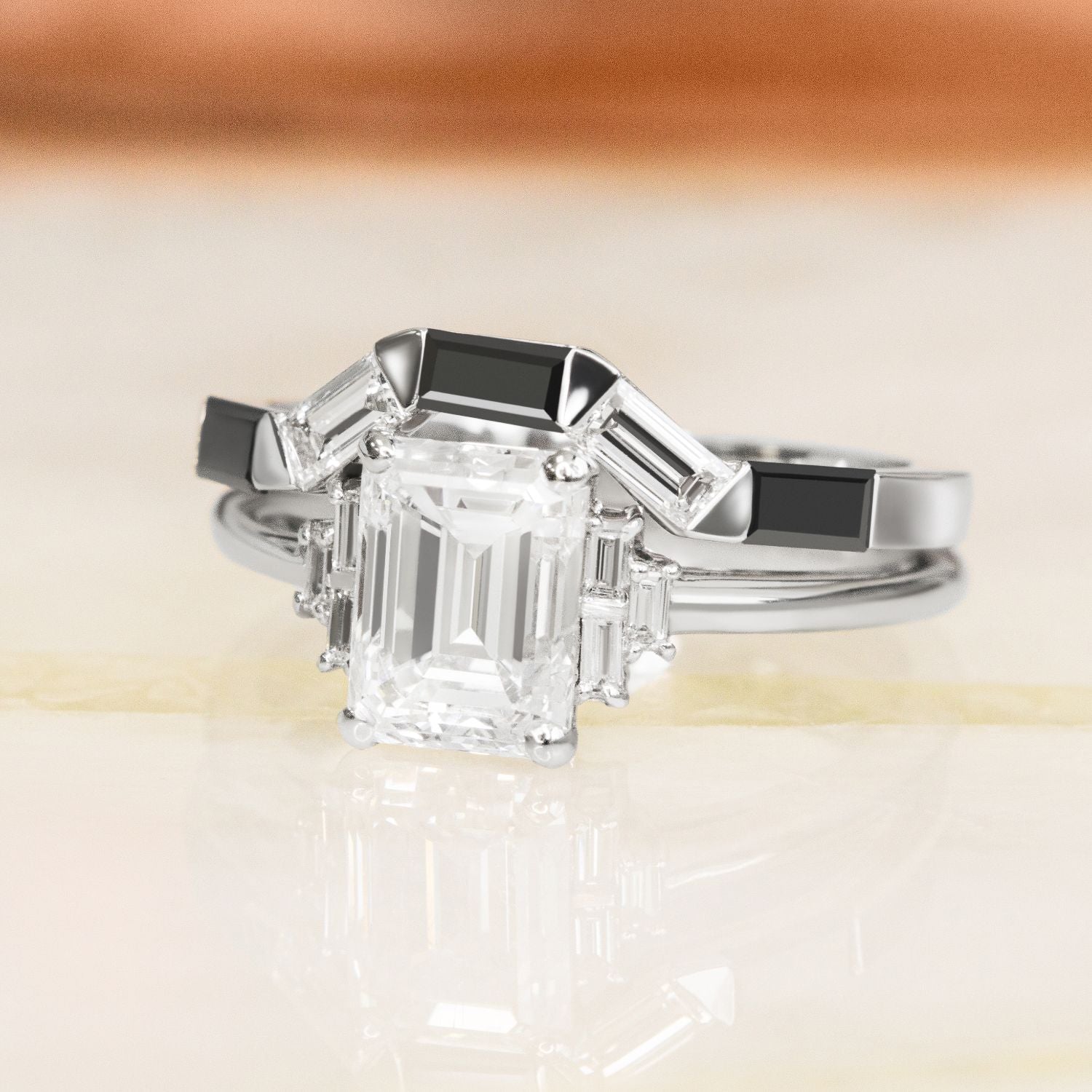 White Light - Trapezed  Natural Black Diamond Ring Set With Baguette Cut Diamonds