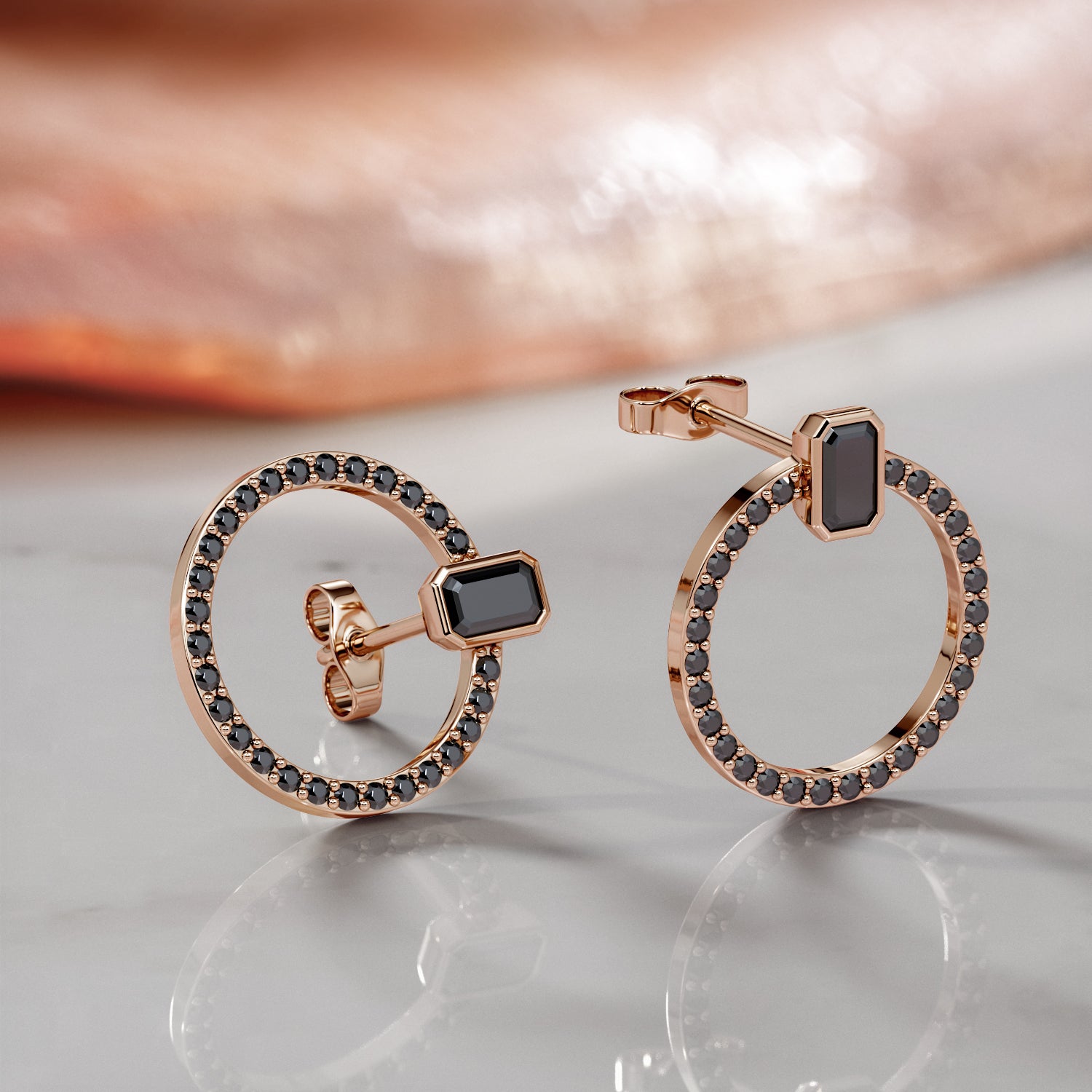Bezel Natural Black Diamond Emerald Earrings