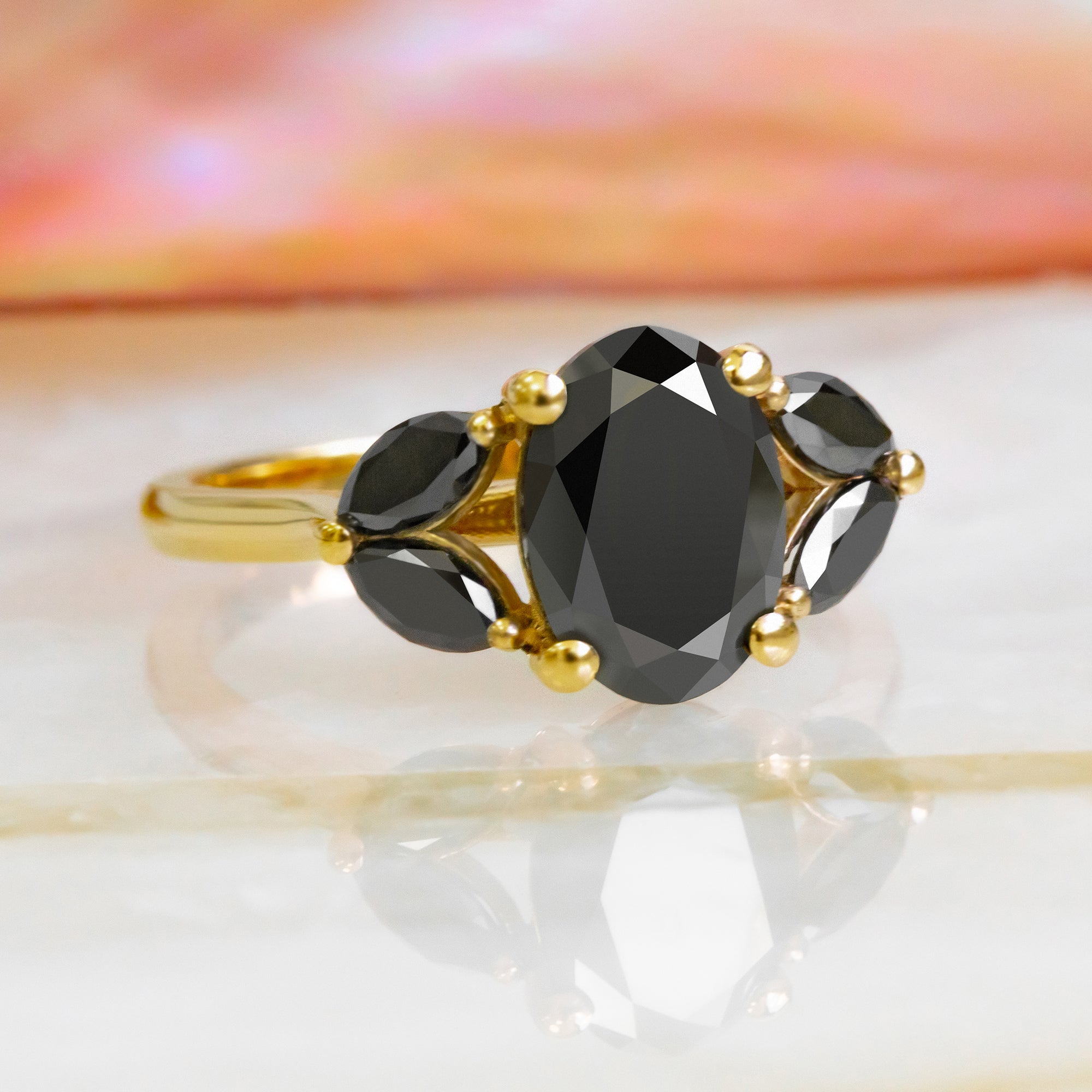 Art Deco  Natural Black Diamond Oval Engagement Ring