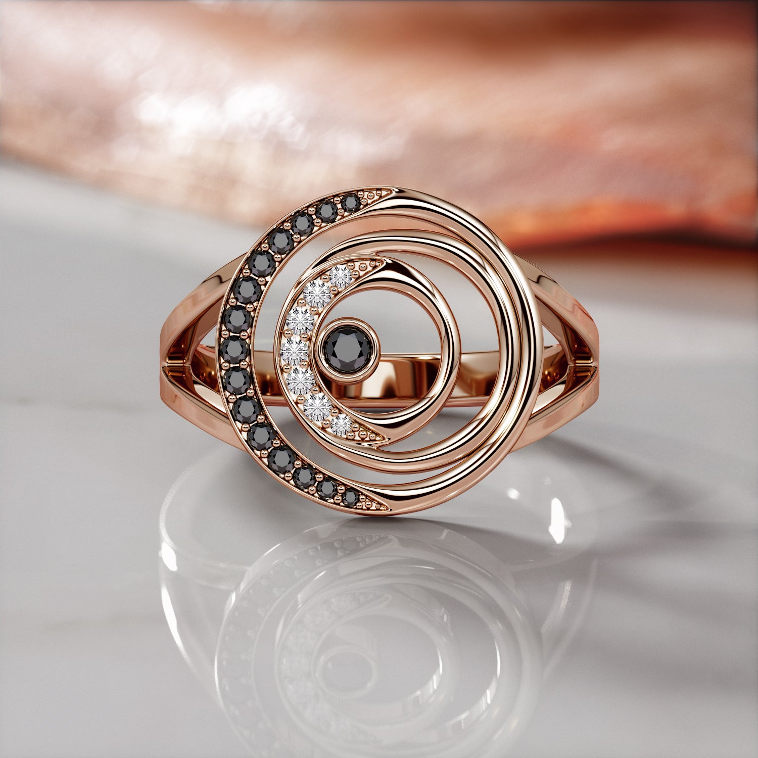 Cresented  Natural Black Diamond Wedding RIng