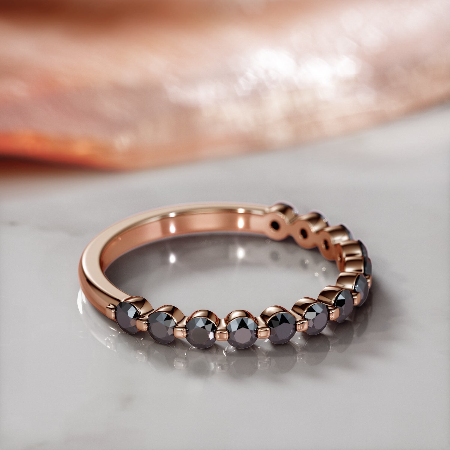 Half Eternity  Natural Black Diamond  Engagement Ring  in Rose Gold