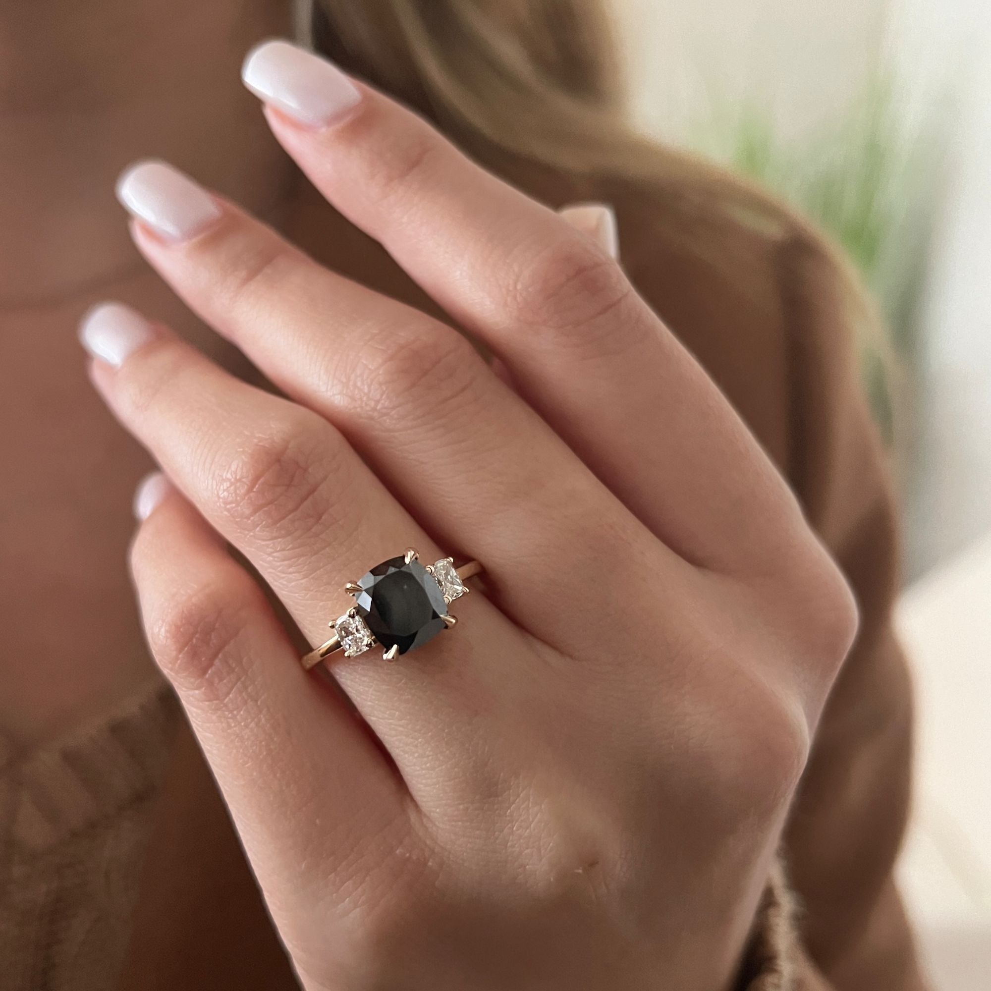 Three Stone  Natural Black Diamond Cushion Engagement Ring  in Yellow Gold