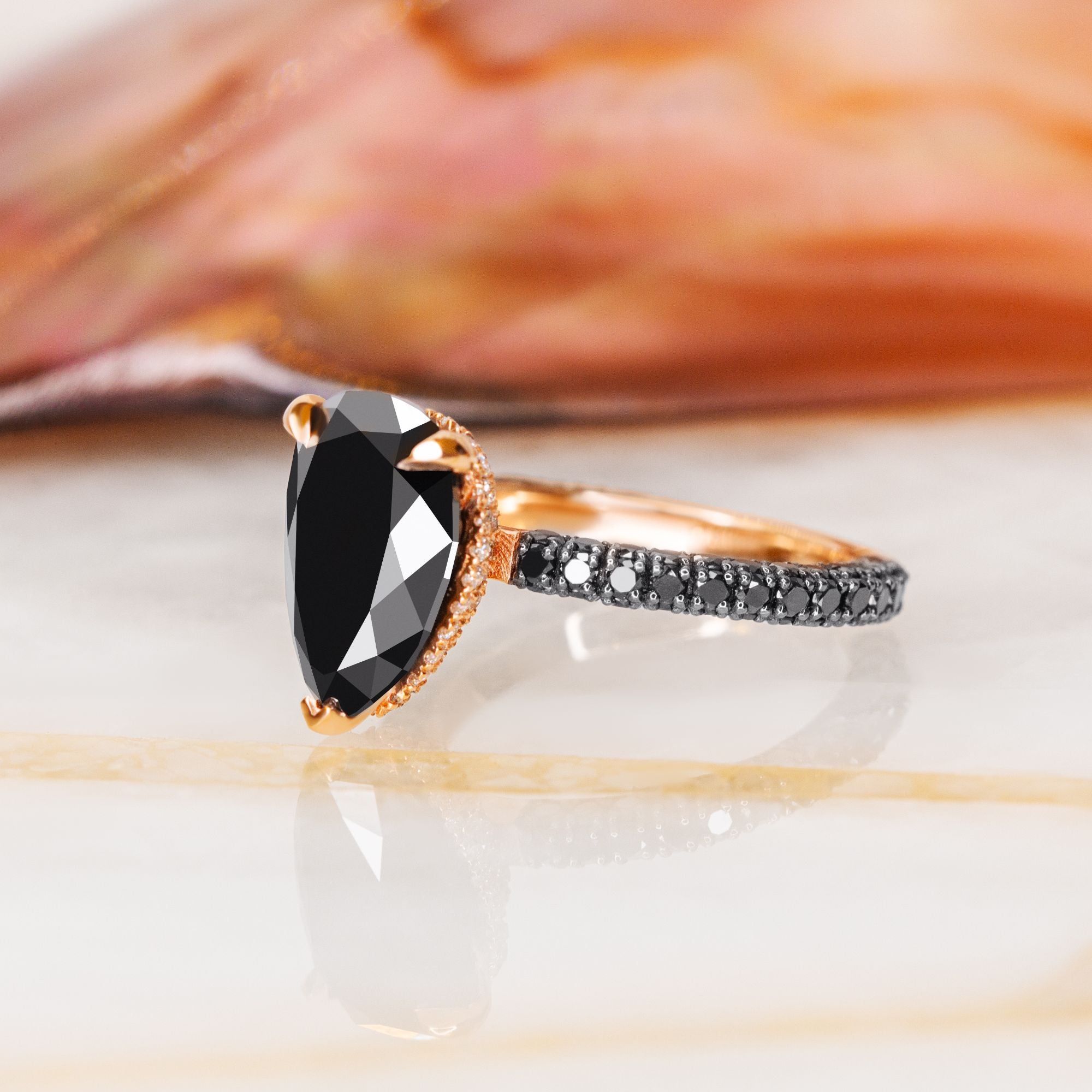 Three Sided Band Black & White Natural Diamond Pear Cut Engagement Ring