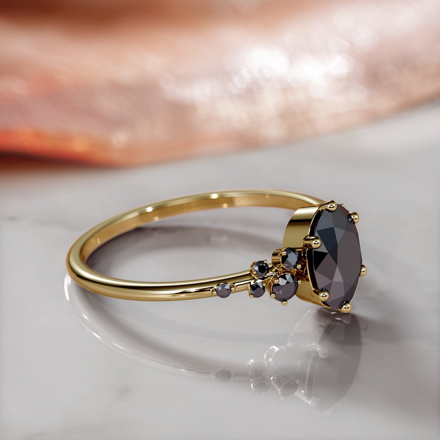 Velouria- Cluster  Natural Black Diamond Oval Engagement Ring  in Yellow Gold