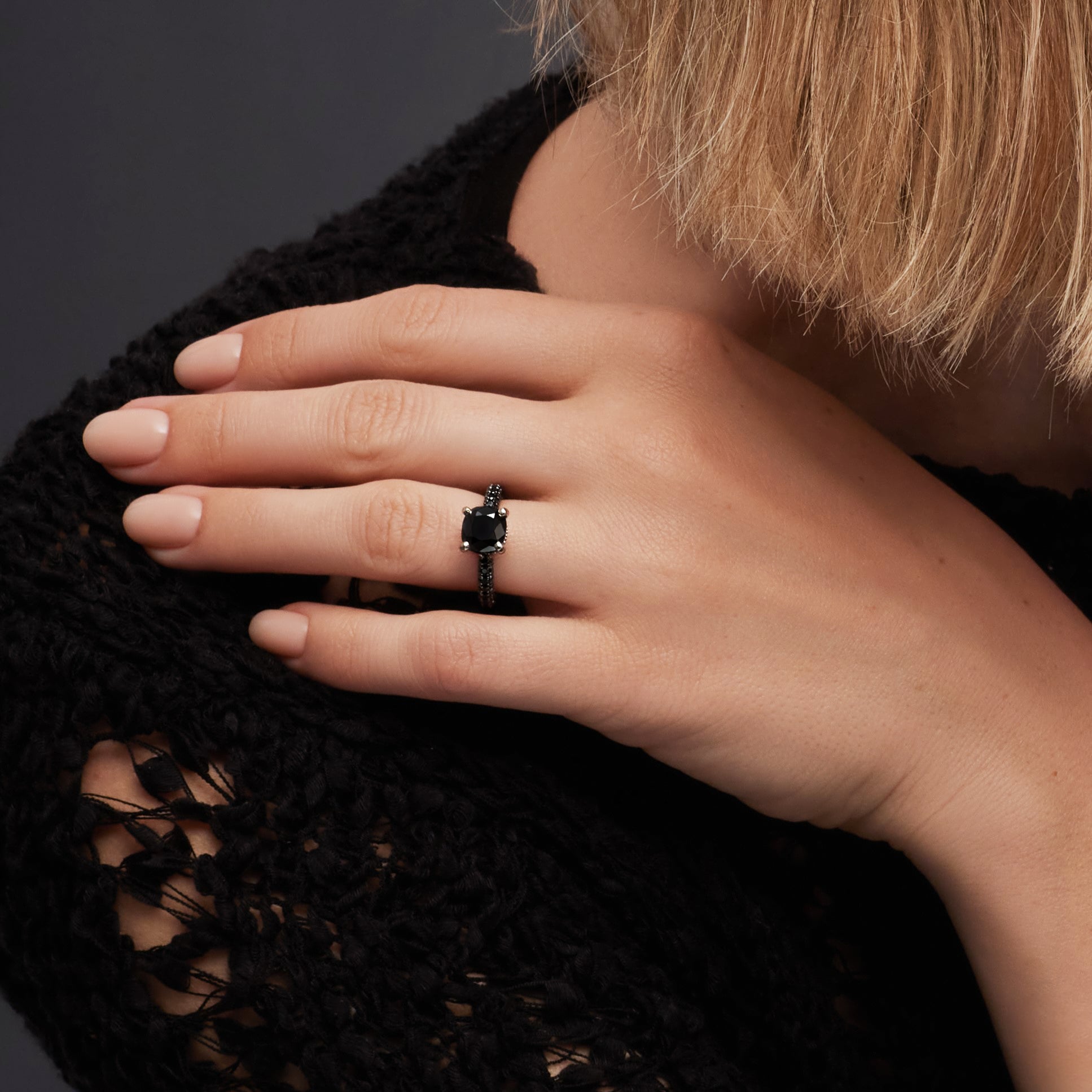 4 Carats Double Hidden Halo Natural Black Diamond Cushion Engagement Ring in White Gold