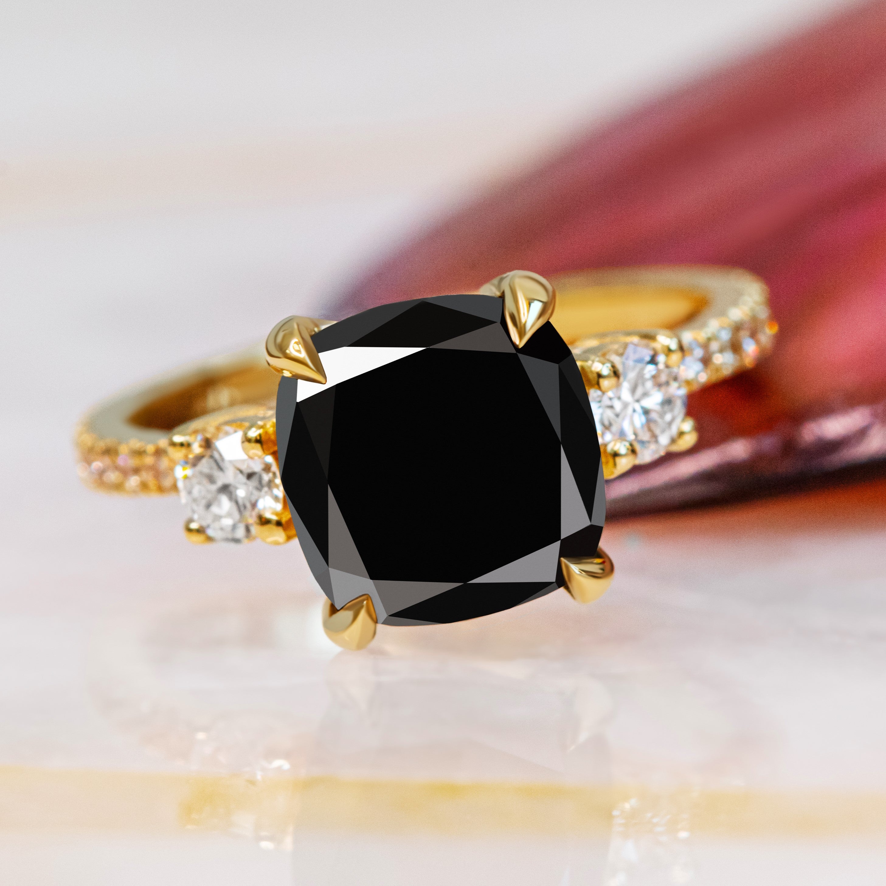Three Stone Natural Black Diamond Cushion Engagement Ring