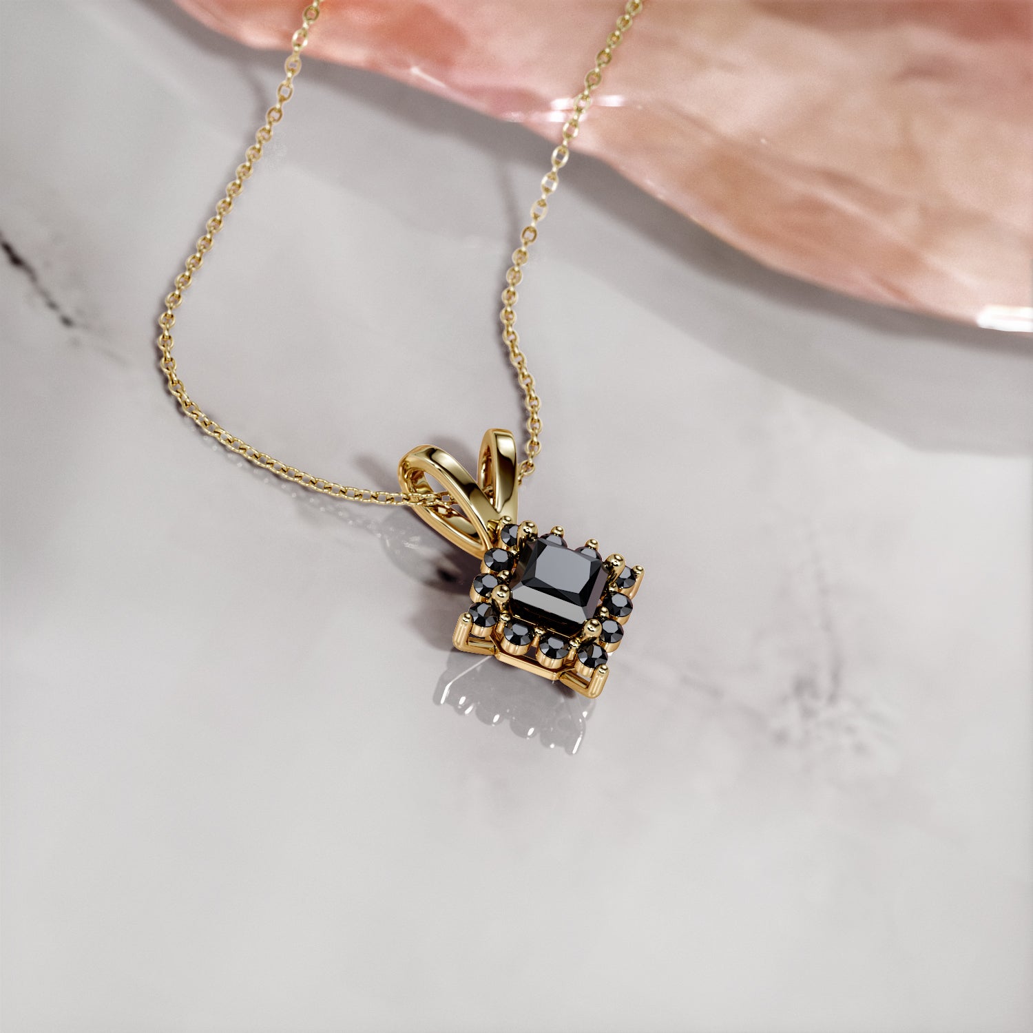 Halo Natural Black Diamond Princess Pendant with Necklace