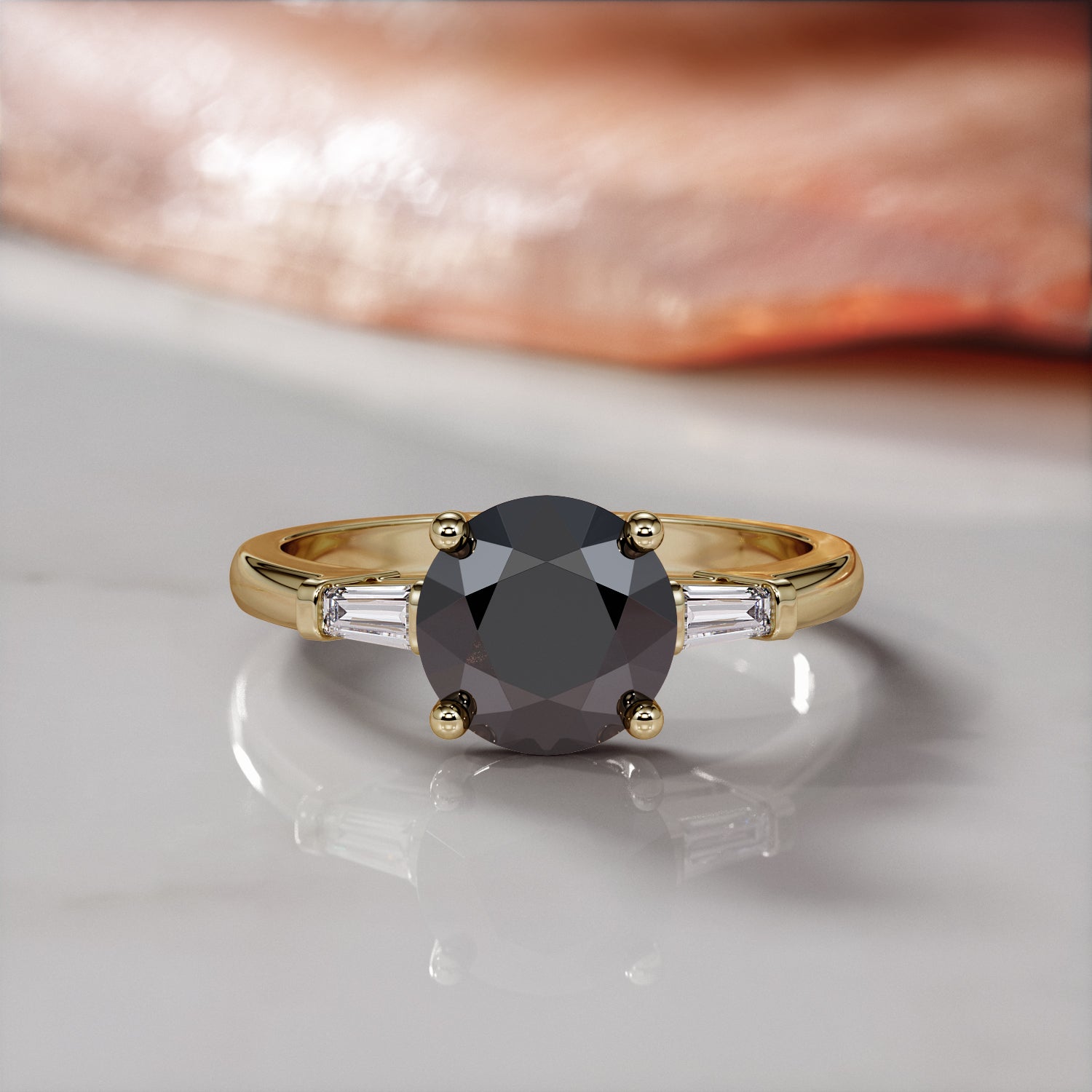 Art-Deco Natural Black Diamond Round Engagement Ring