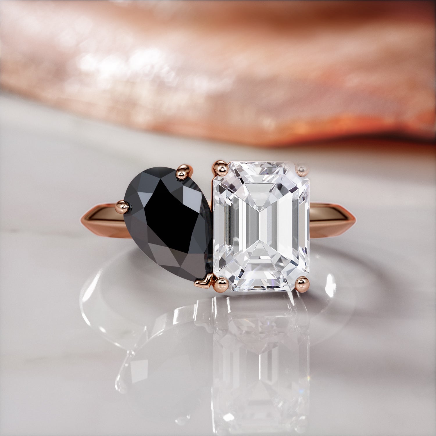 Two Stone Natural Black Diamond Pear Engagement Ring in Rose Gold