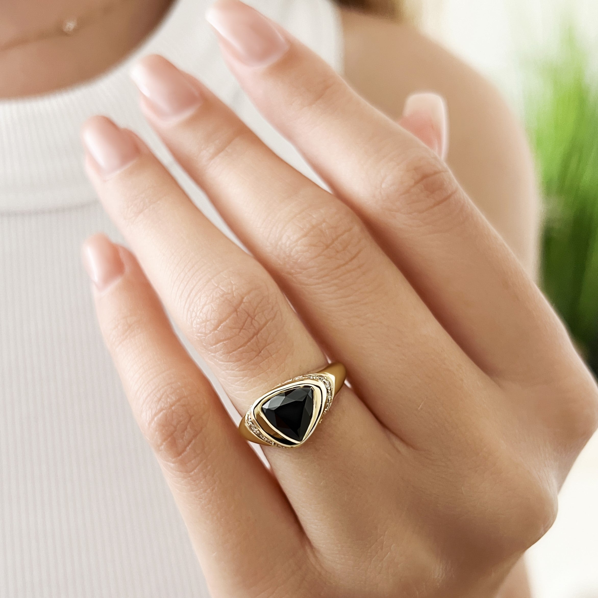 Oriented  Natural Black Diamond Triangle Engagement Ring