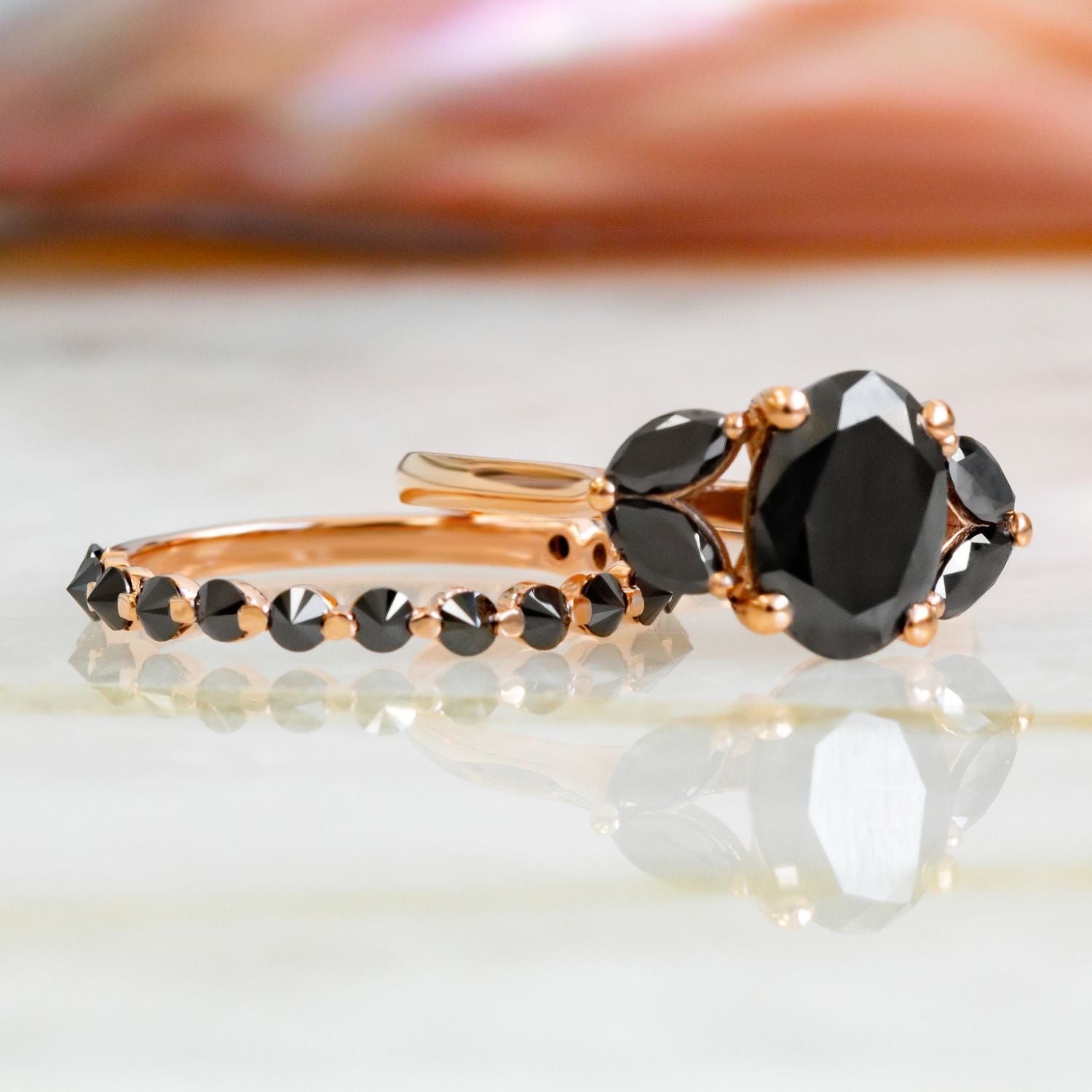 Unique Wedding Ring with Round Cut Natural Black Diamonds in Rose Gold