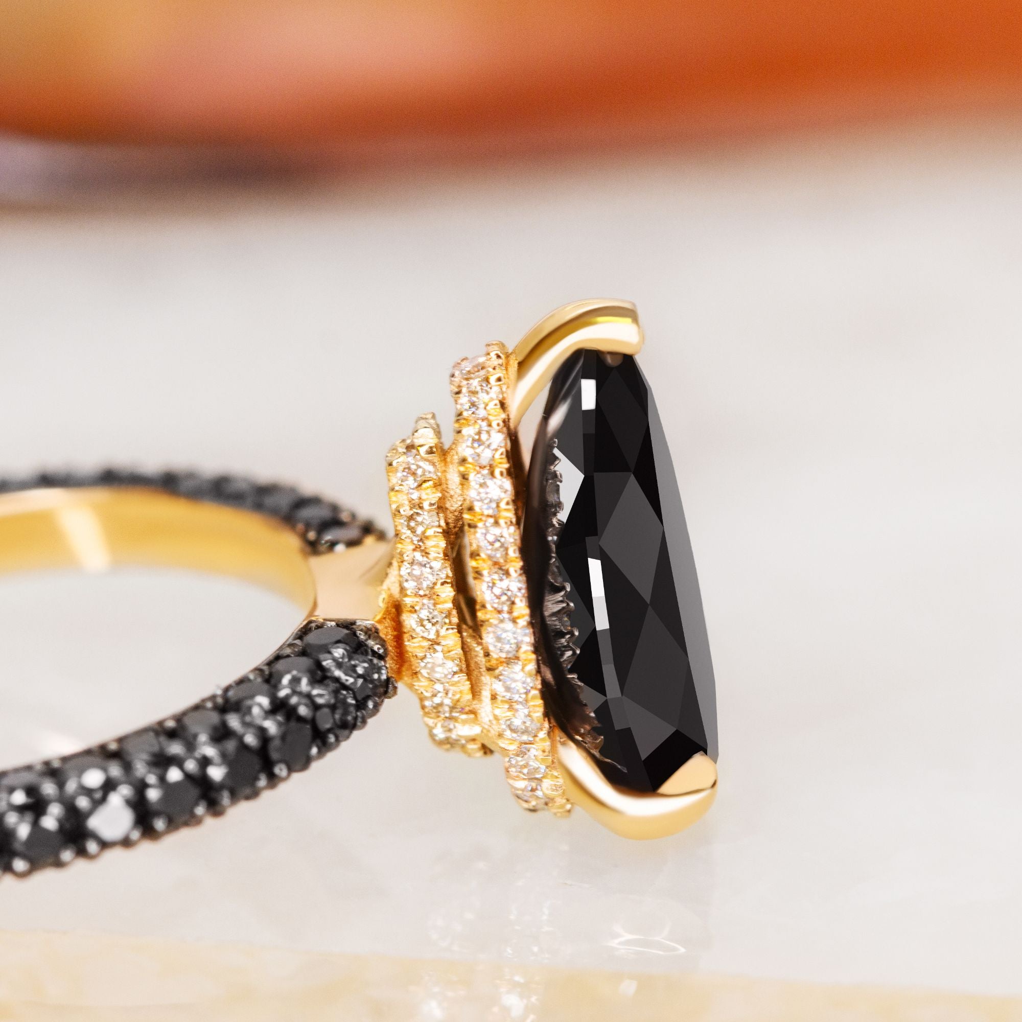 Three Sided Band Black & White Natural Diamond Pear Cut Engagement Ring